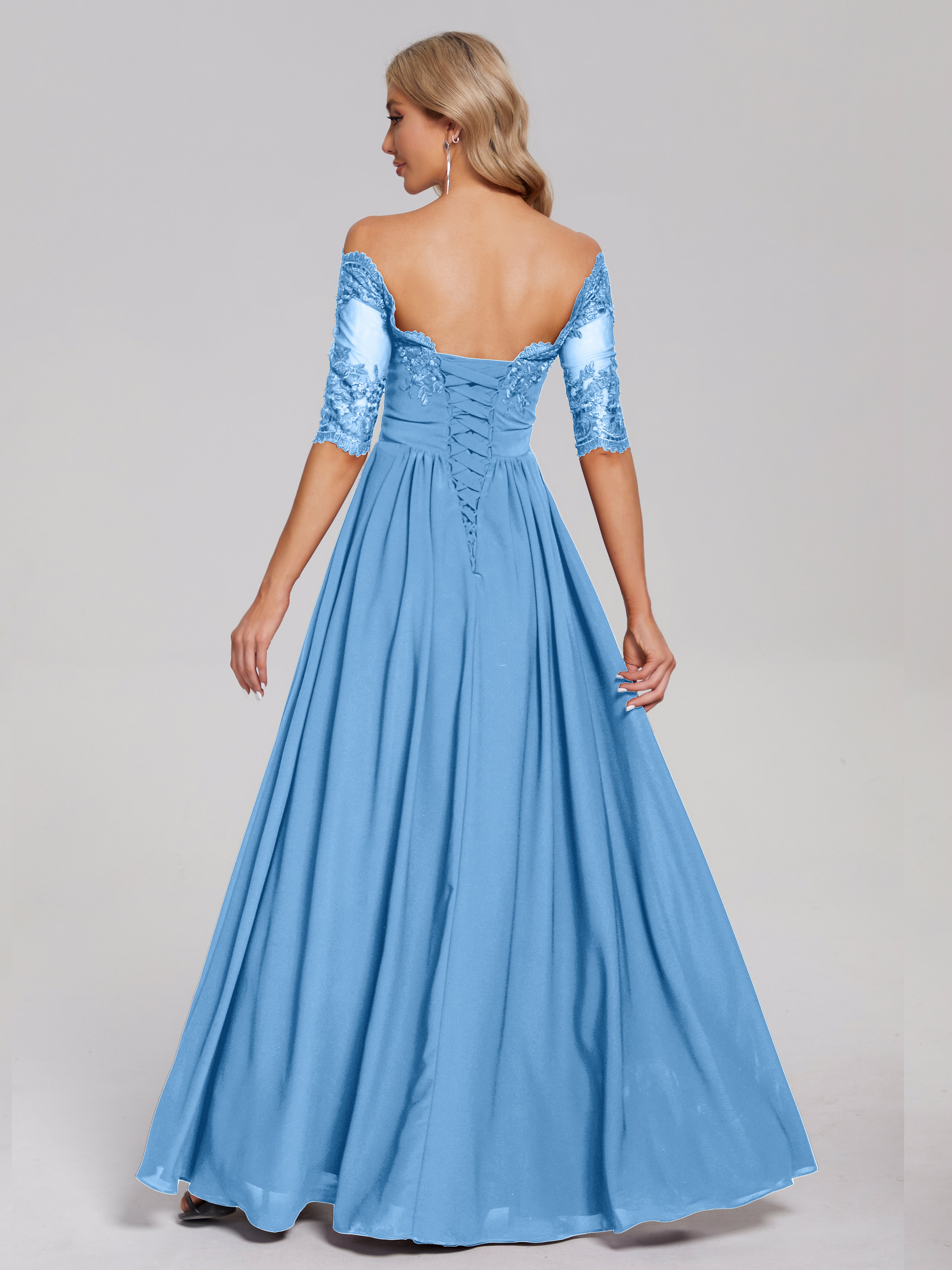 Robe Demoiselle D Honneur Bleue Hors-La-Épaule Demi Manches Dentelle/Mousseline Robes Demoiselle D'Honneur