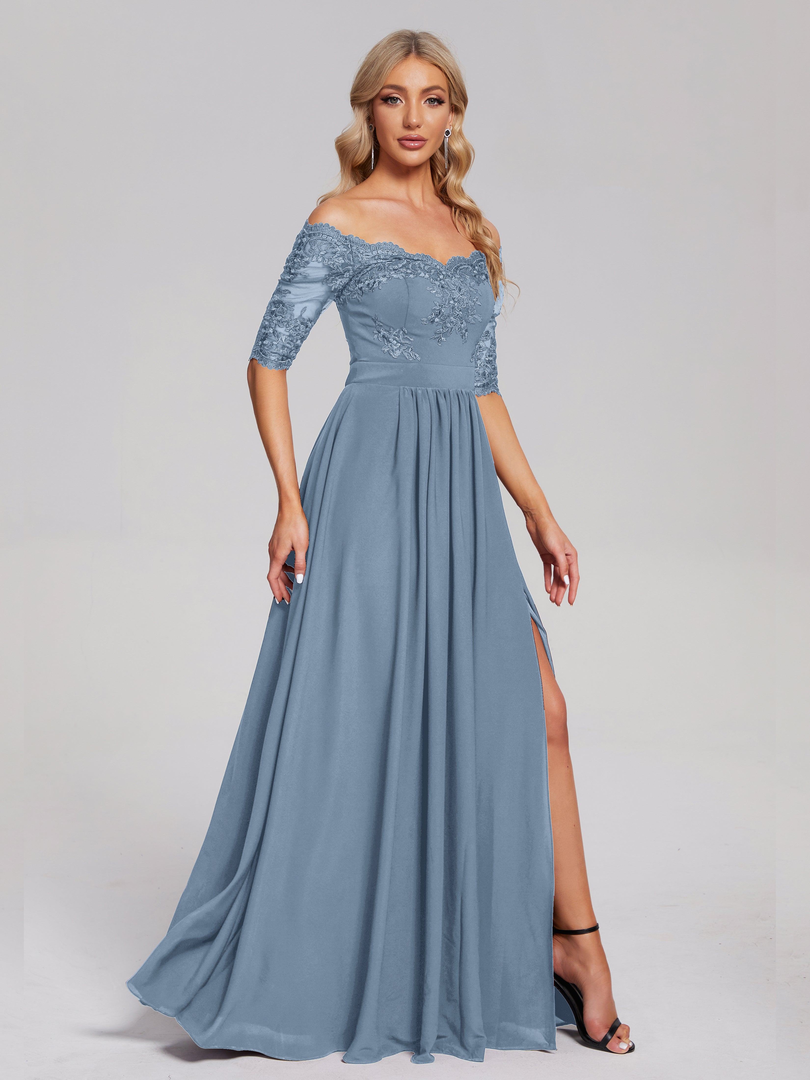 Robes De Demoiselle D'Honneur Bleu De Schiste Hors-La-Épaule Demi Manches Dentelle/Mousseline Robes Demoiselle D'Honneur