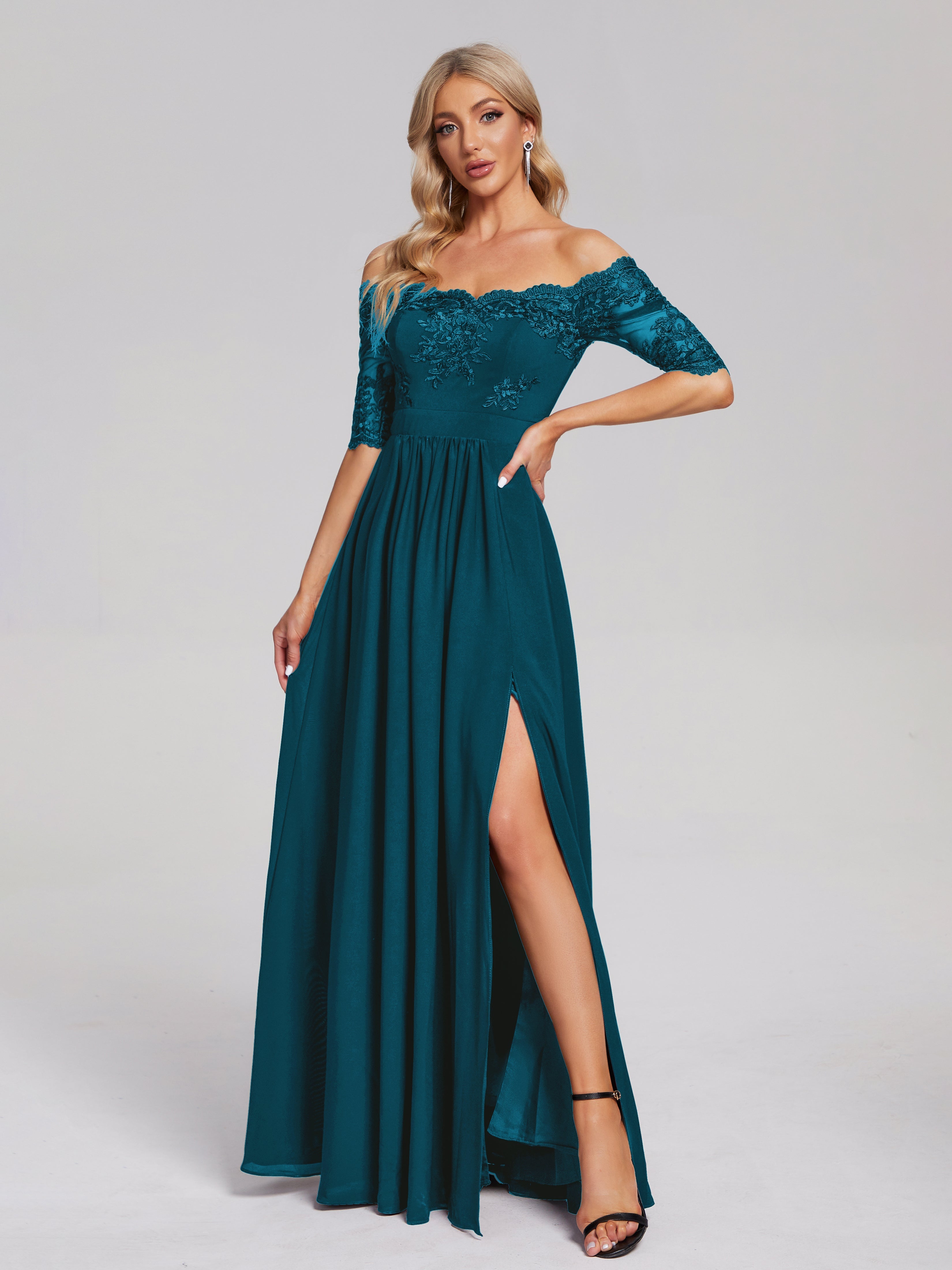 Robe De Demoiselle D'Honneur Bleu Encre Hors-La-Épaule Demi Manches Dentelle/Mousseline Robes Demoiselle D'Honneur