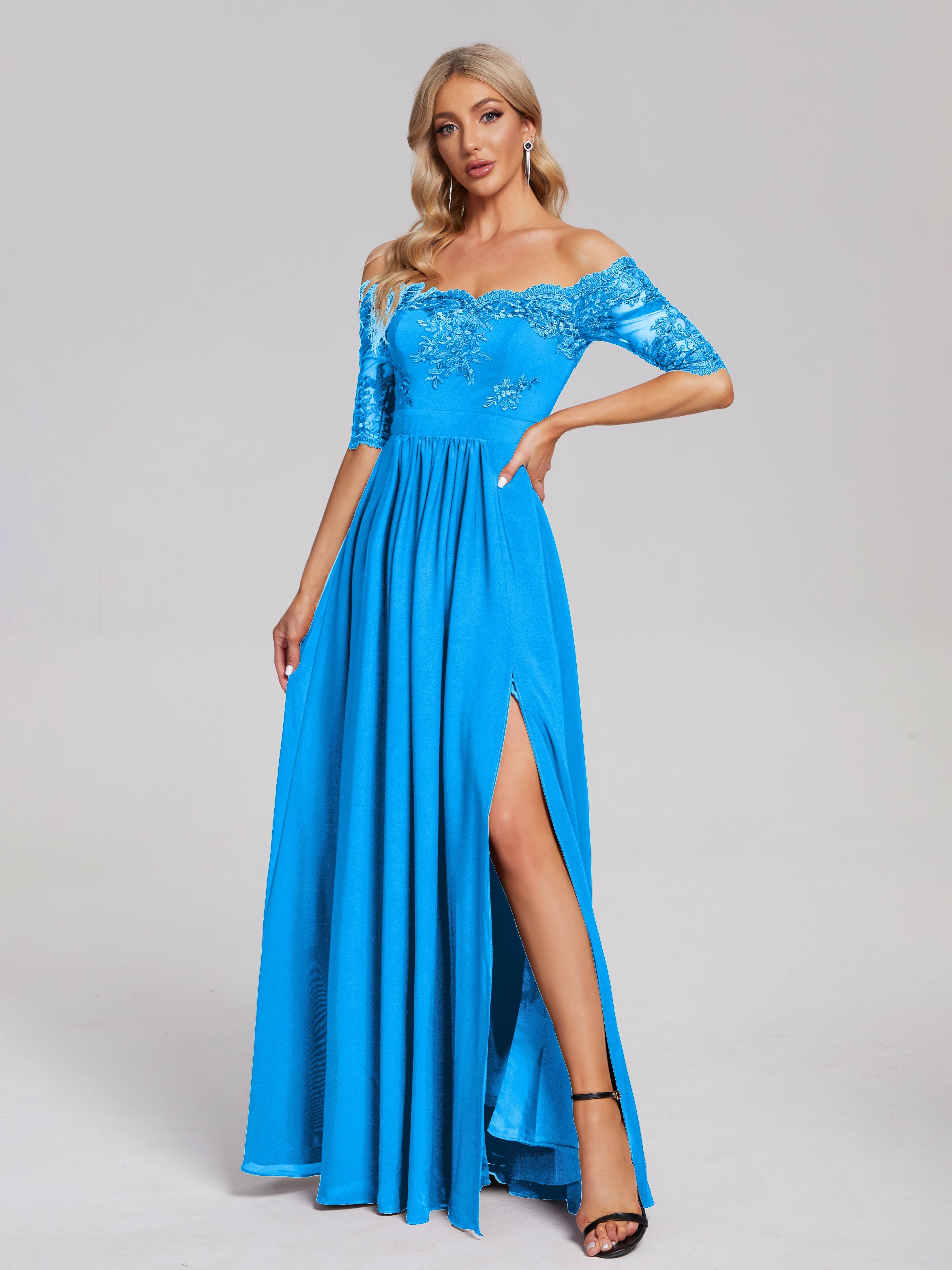 Robes De Demoiselle D'Honneur Bleu Océan Hors-La-Épaule Demi Manches Dentelle/Mousseline Robes Demoiselle D'Honneur