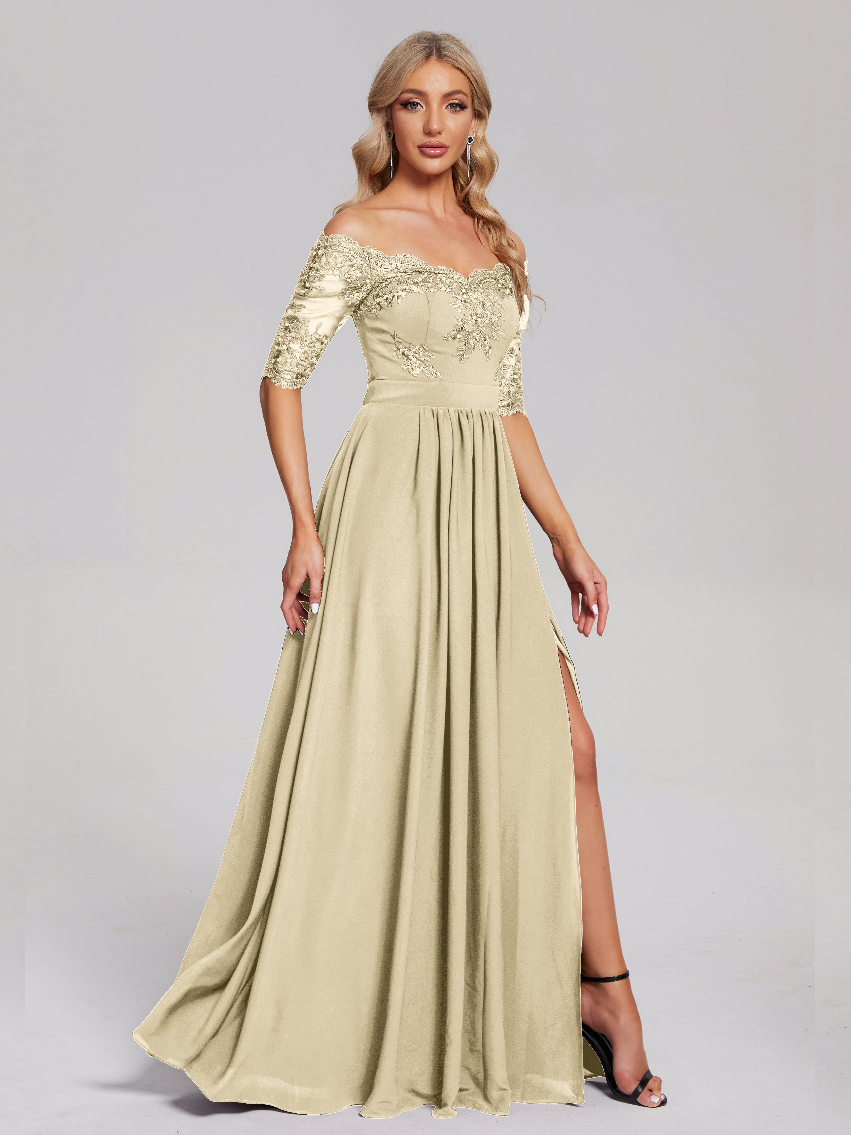 Robe De Demoiselle D'Honneur Champagne Hors-La-Épaule Demi Manches Dentelle/Mousseline Robes Demoiselle D'Honneur