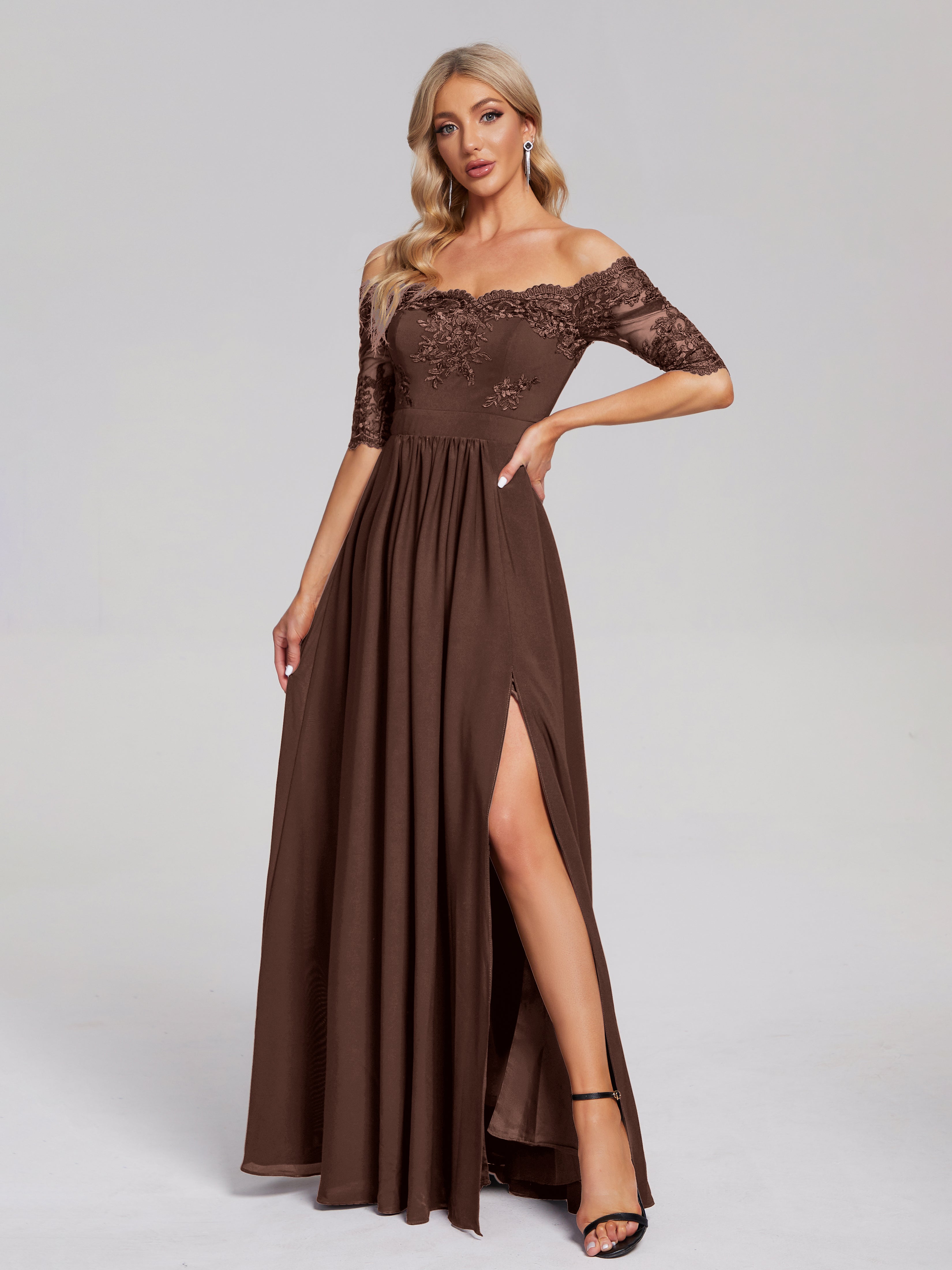Robe Demoiselle D Honneur Marron Chocolat Hors-La-Épaule Demi Manches Dentelle/Mousseline Robes Demoiselle D'Honneur