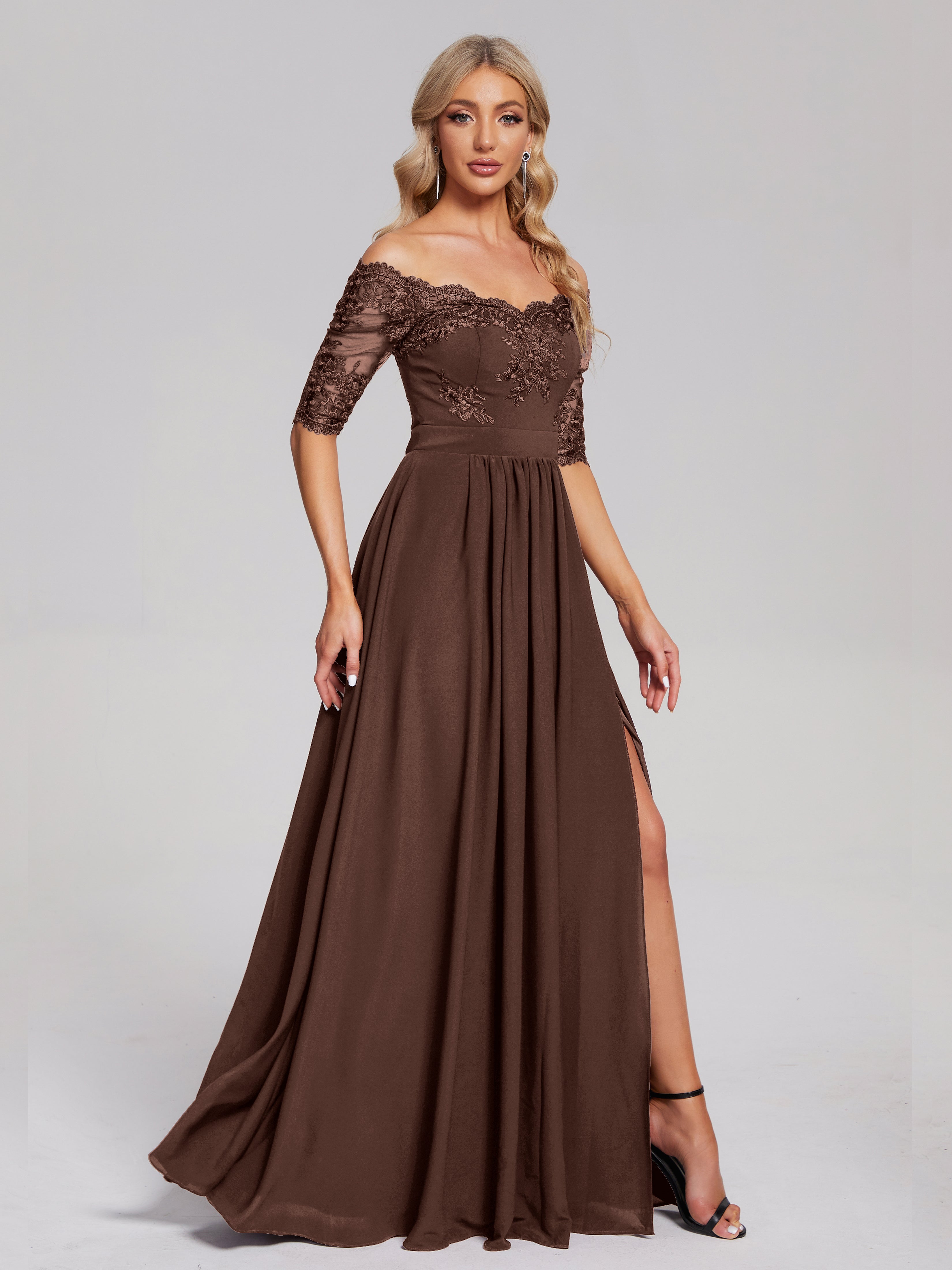 Robe Demoiselle D Honneur Marron Chocolat Hors-La-Épaule Demi Manches Dentelle/Mousseline Robes Demoiselle D'Honneur