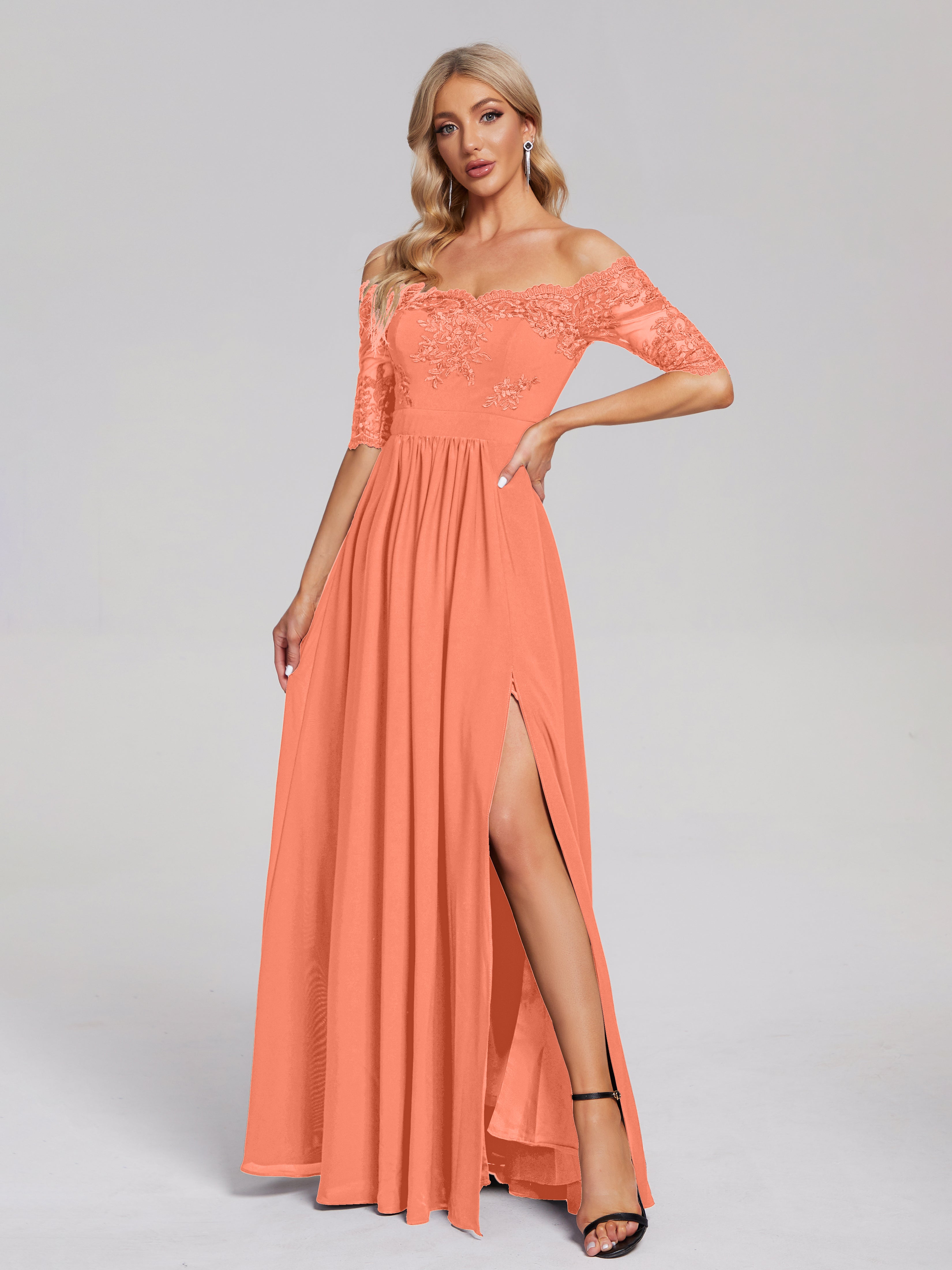 Robes De Demoiselle D'Honneur Coucher De Soleil Hors-La-Épaule Demi Manches Dentelle/Mousseline Robes Demoiselle D'Honneur