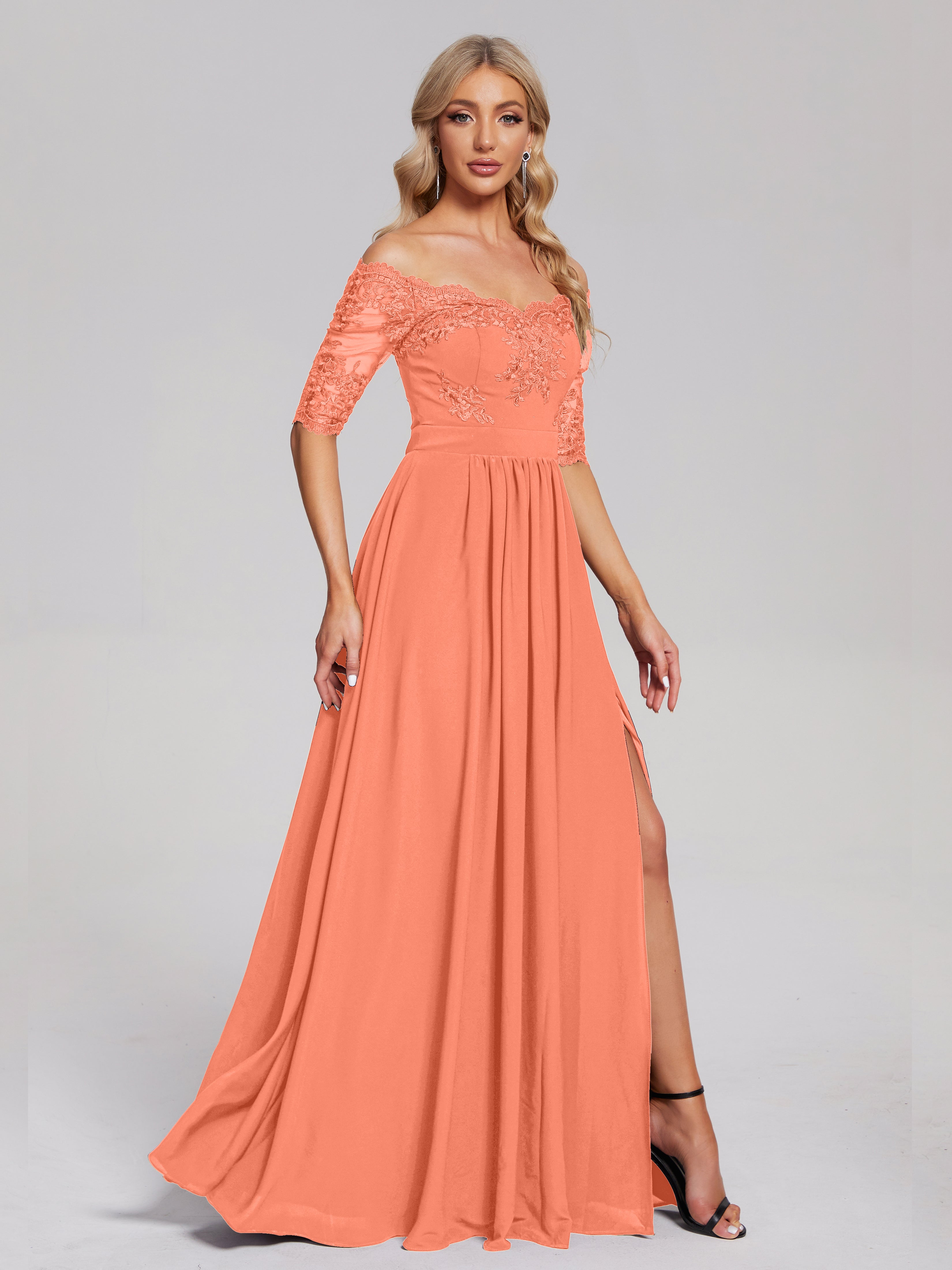 Robes De Demoiselle D'Honneur Coucher De Soleil Hors-La-Épaule Demi Manches Dentelle/Mousseline Robes Demoiselle D'Honneur