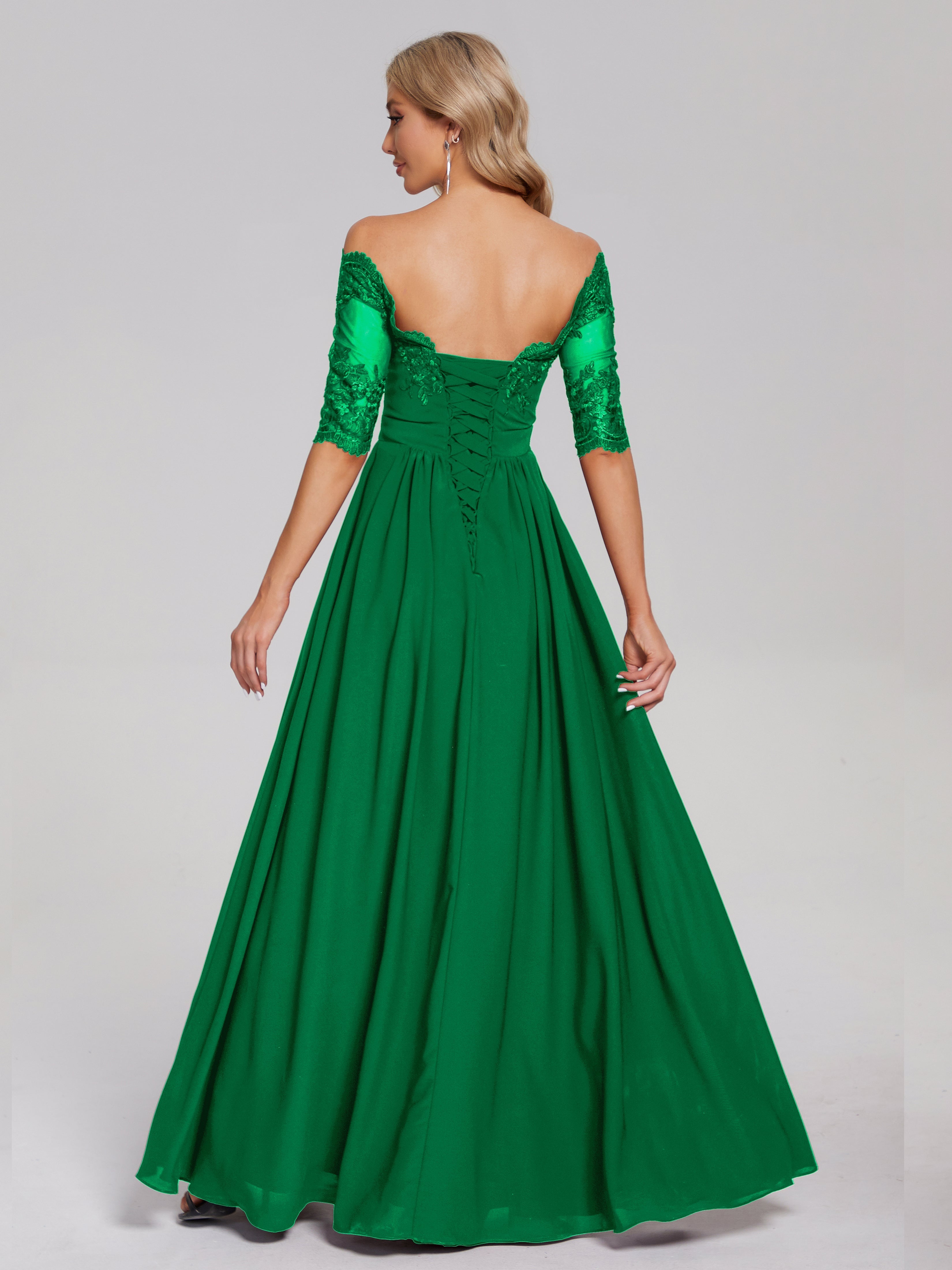 Demoiselle D'Honneur Vert Émeraude Hors-La-Épaule Demi Manches Dentelle/Mousseline Robes Demoiselle D'Honneur