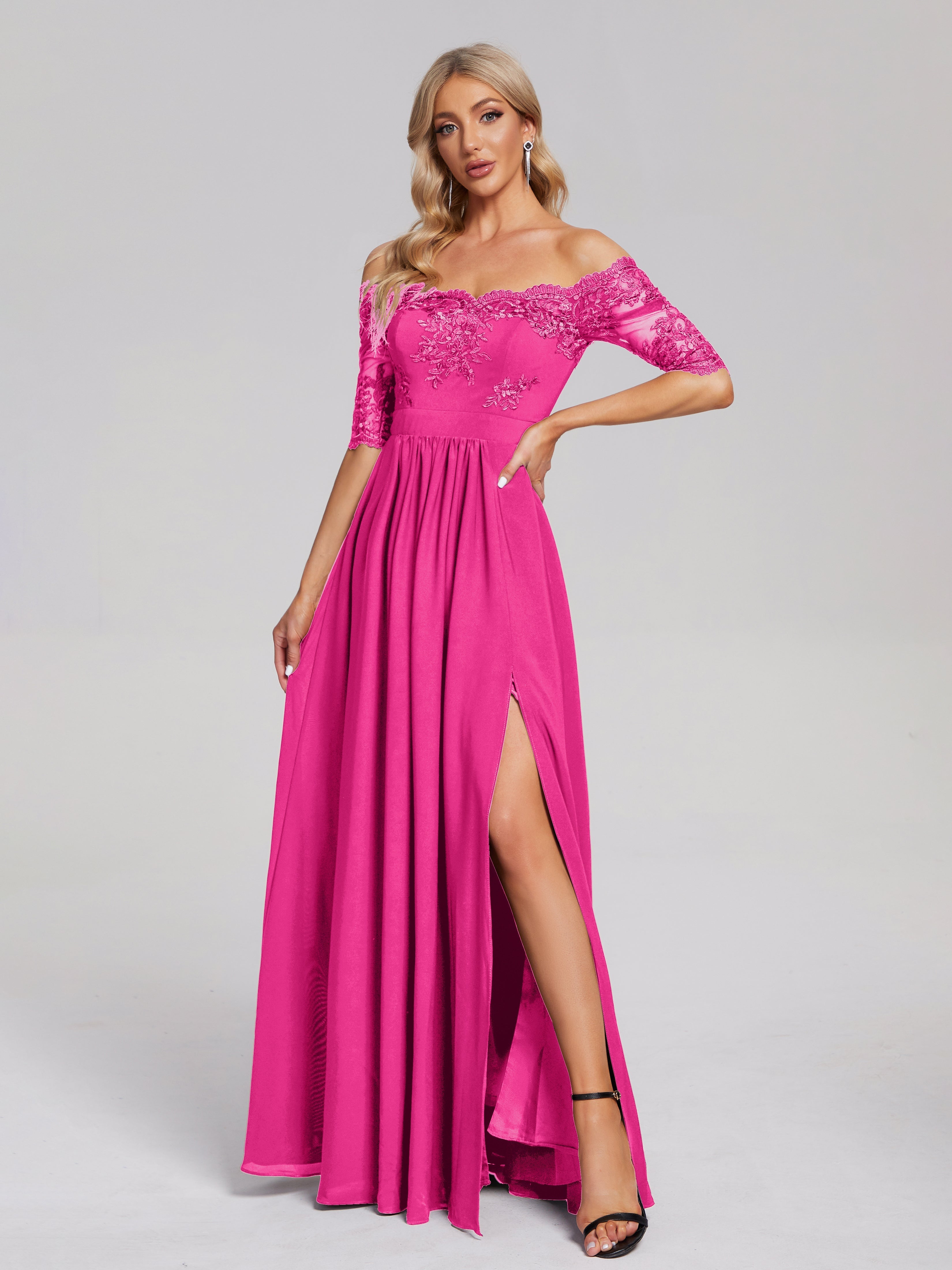 Robes De Demoiselle D'Honneur Rose Fuchsia Couleur Hors-La-Épaule Demi Manches Dentelle/Mousseline Robes Demoiselle D'Honneur