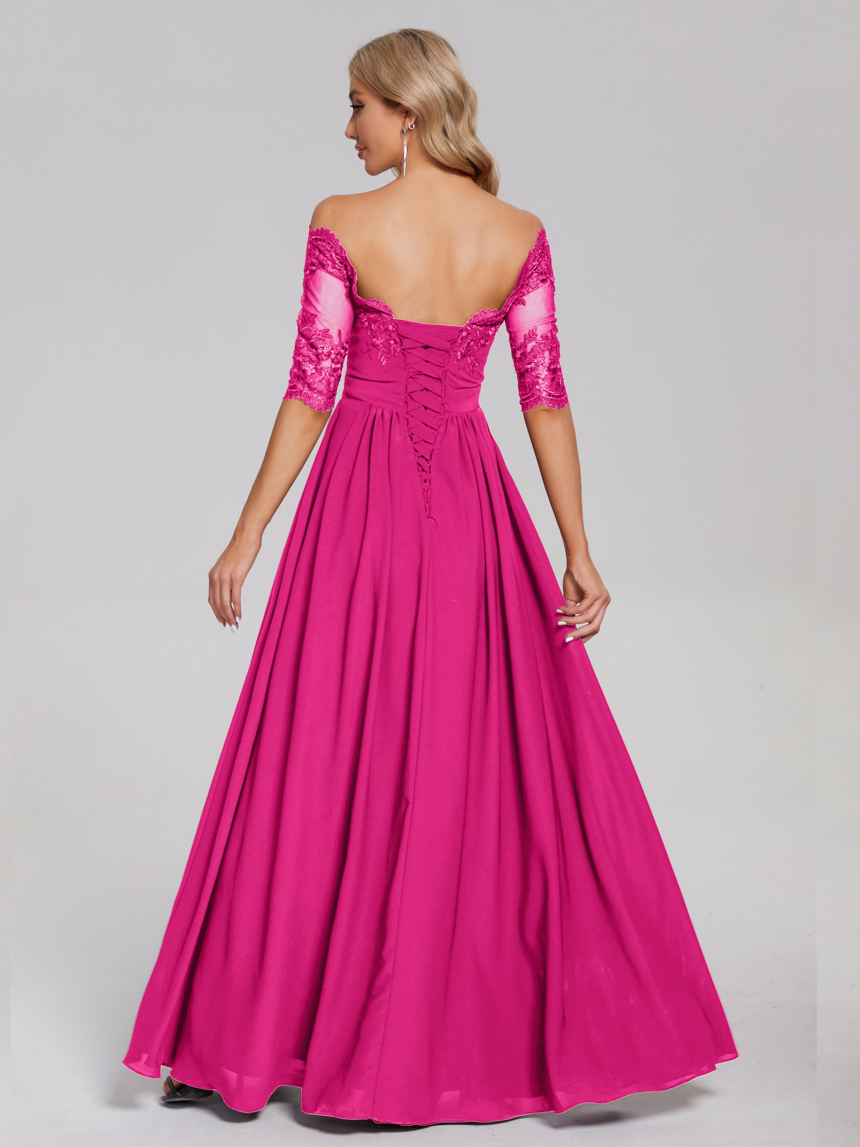 Robes De Demoiselle D'Honneur Rose Fuchsia Couleur Hors-La-Épaule Demi Manches Dentelle/Mousseline Robes Demoiselle D'Honneur