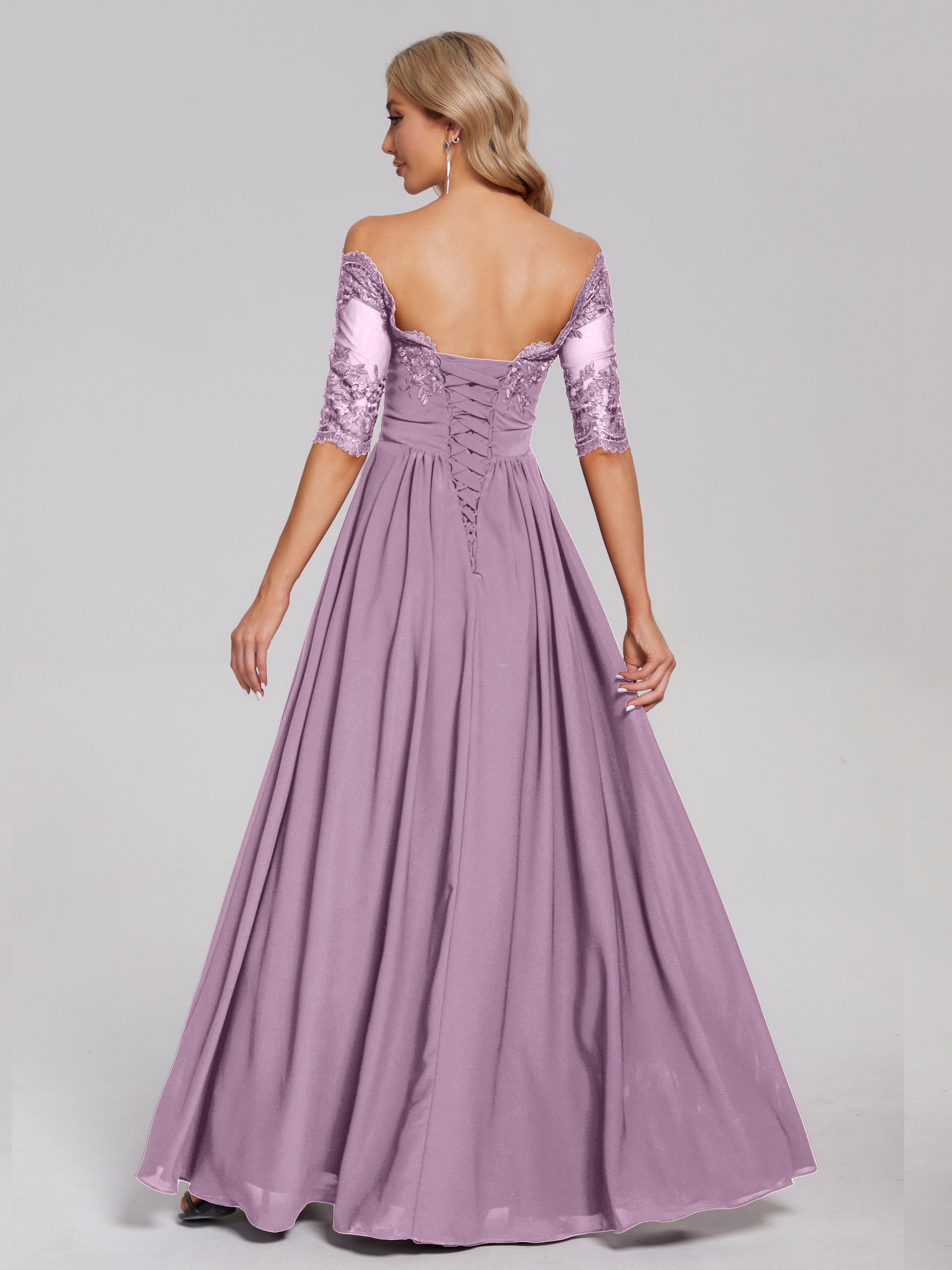 Robes De Demoiselle D'Honneur Glycine Hors-La-Épaule Demi Manches Dentelle/Mousseline Robes Demoiselle D'Honneur