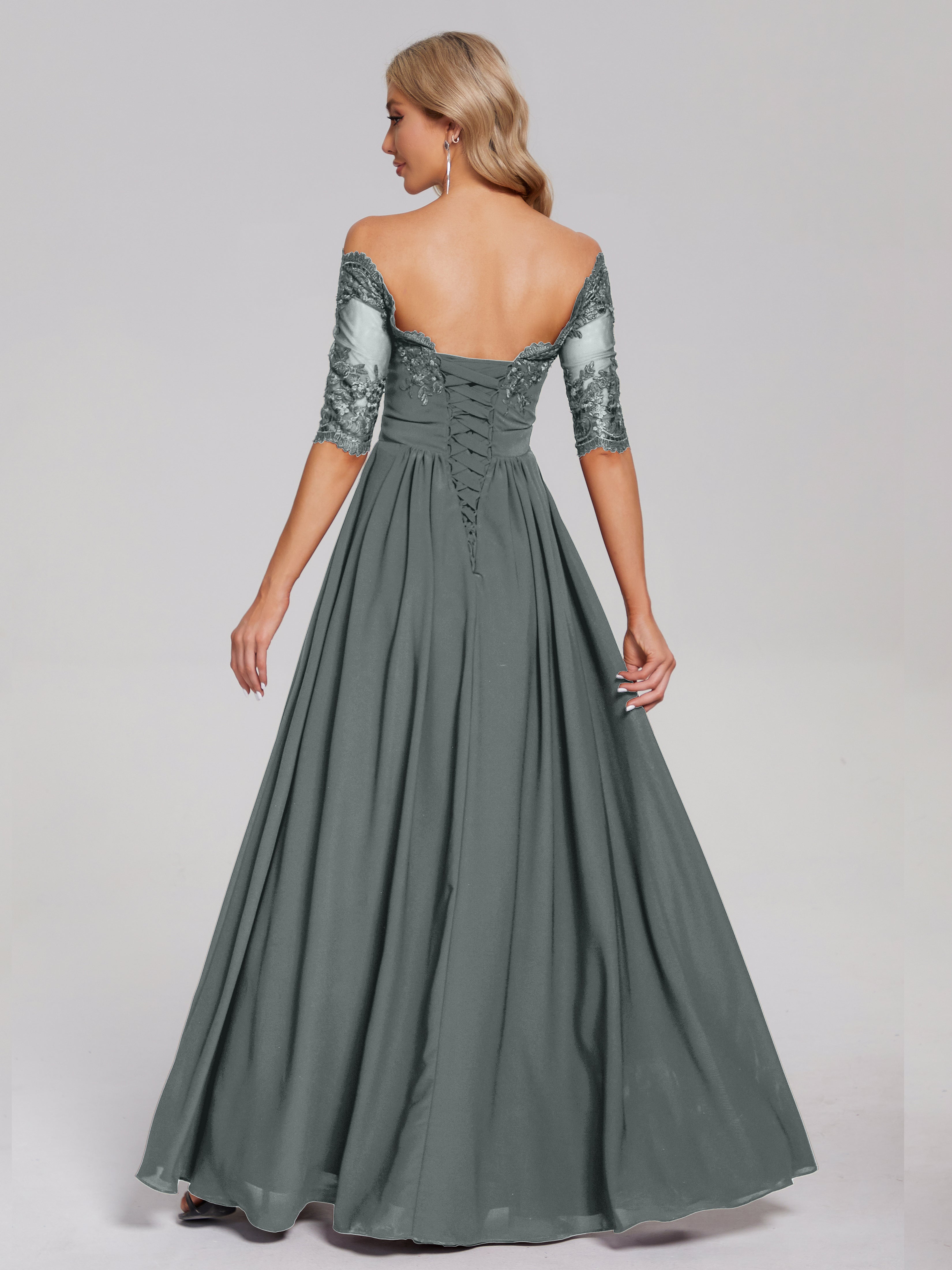 Robes De Demoiselle D'Honneur Gris Argenté Hors-La-Épaule Demi Manches Dentelle/Mousseline