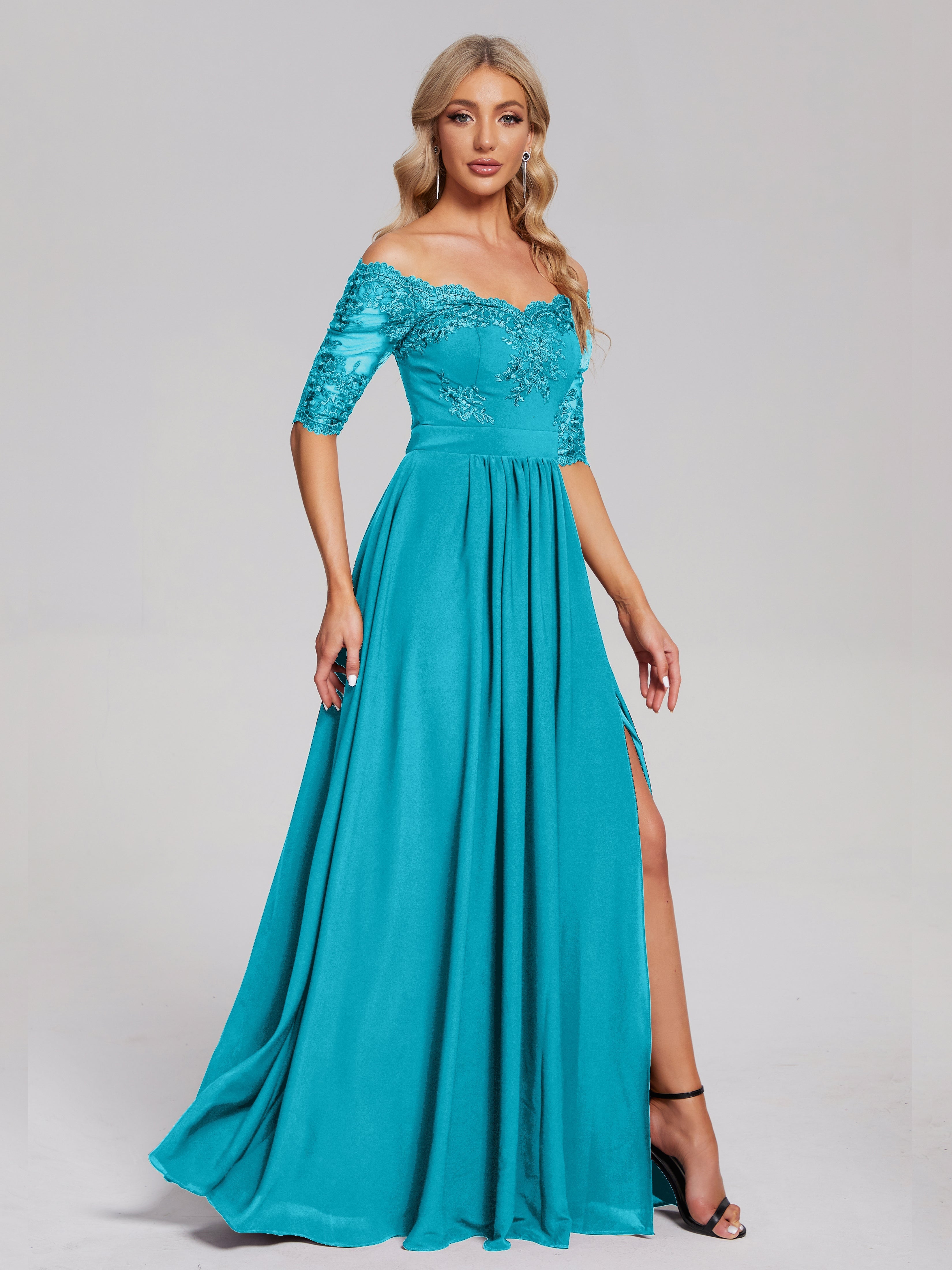 Robes De Demoiselle D'Honneur Vert Jade Hors-La-Épaule Demi Manches Dentelle/Mousseline Robes Demoiselle D'Honneur