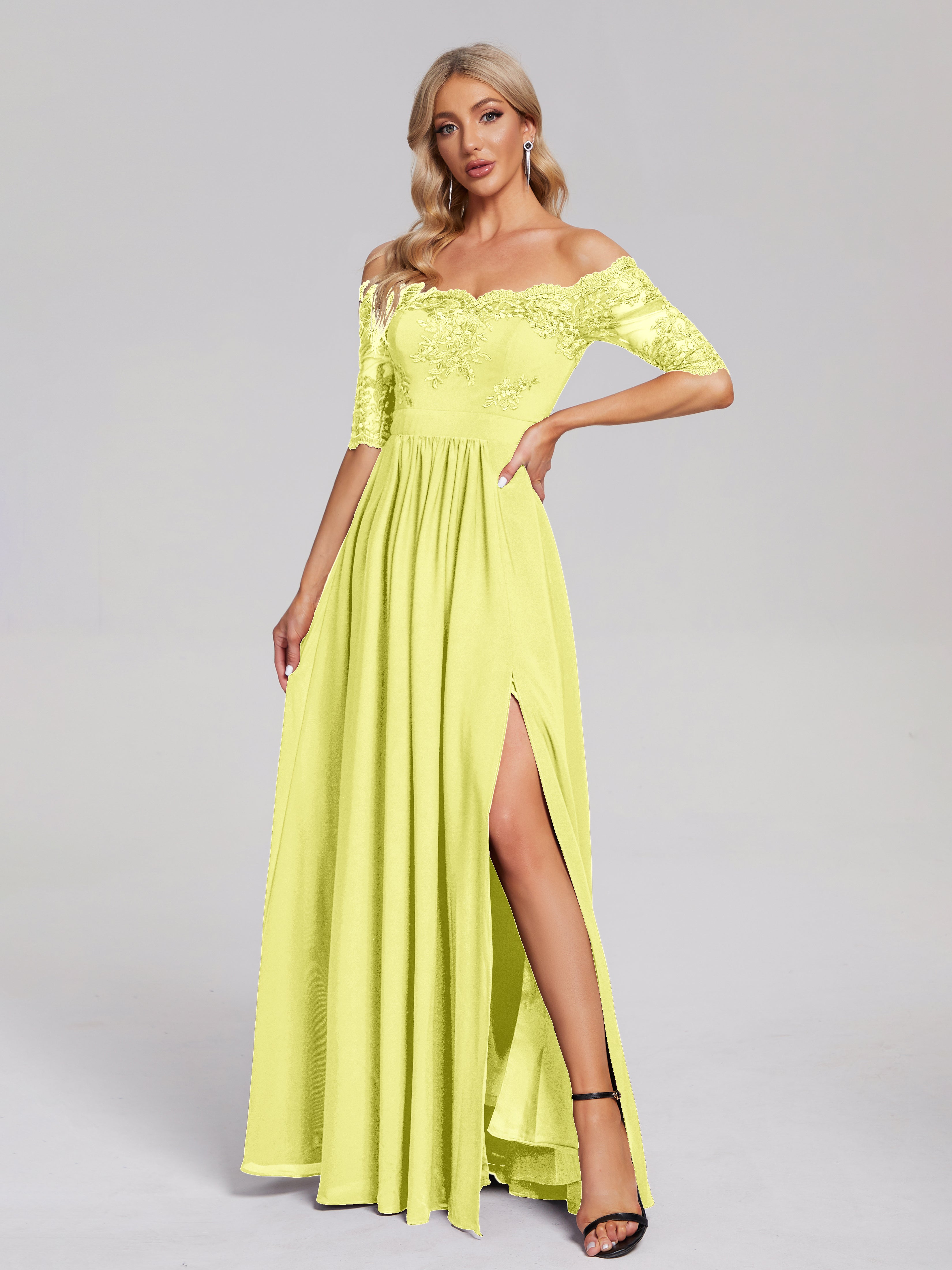 Robes De Demoiselle D'Honneur Jonquille Hors-La-Épaule Demi Manches Dentelle/Mousseline Robes Demoiselle D'Honneur