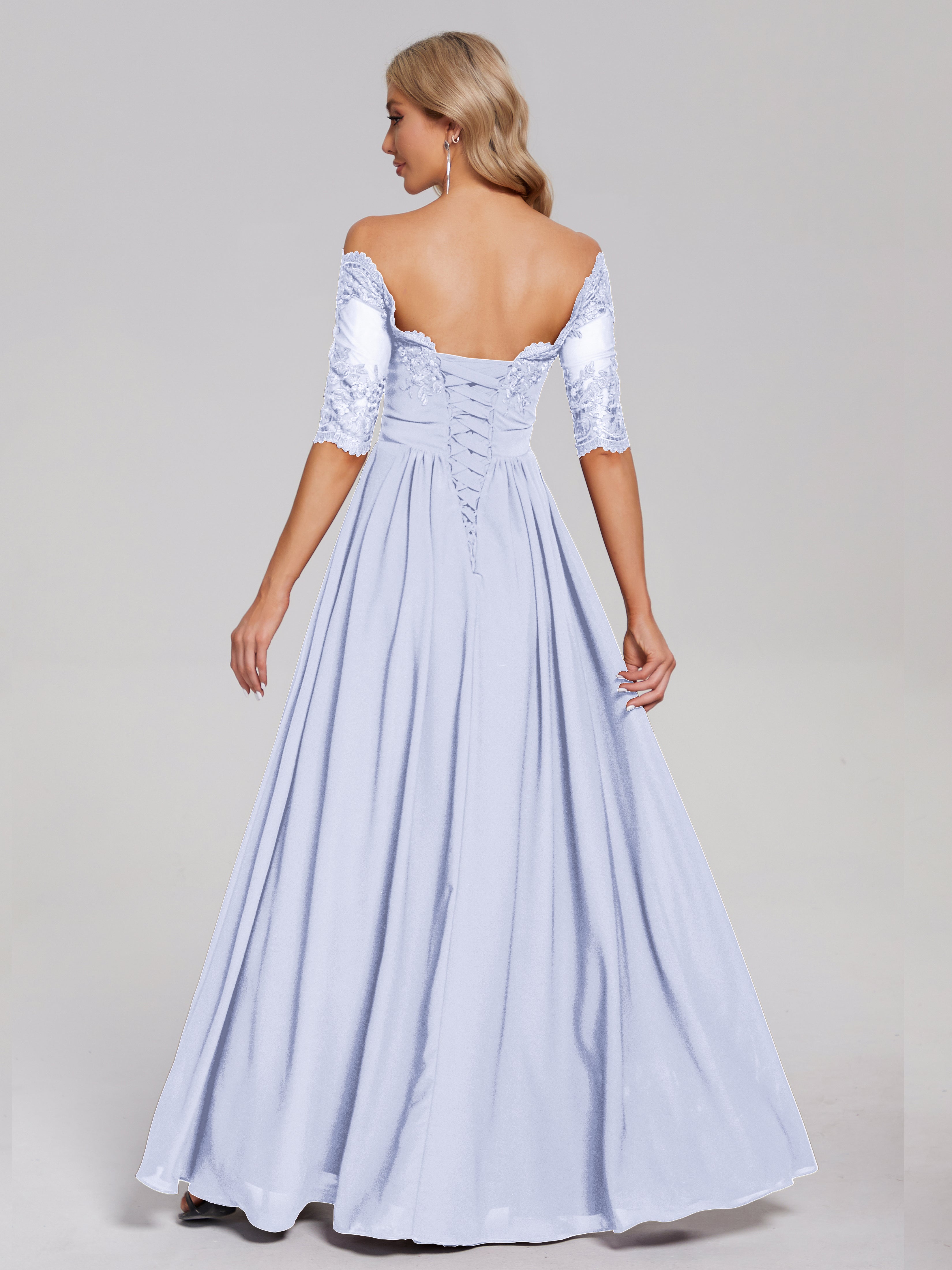 Robes De Demoiselle D'Honneur Lavande Hors-La-Épaule Demi Manches Dentelle/Mousseline Robes Demoiselle D'Honneur