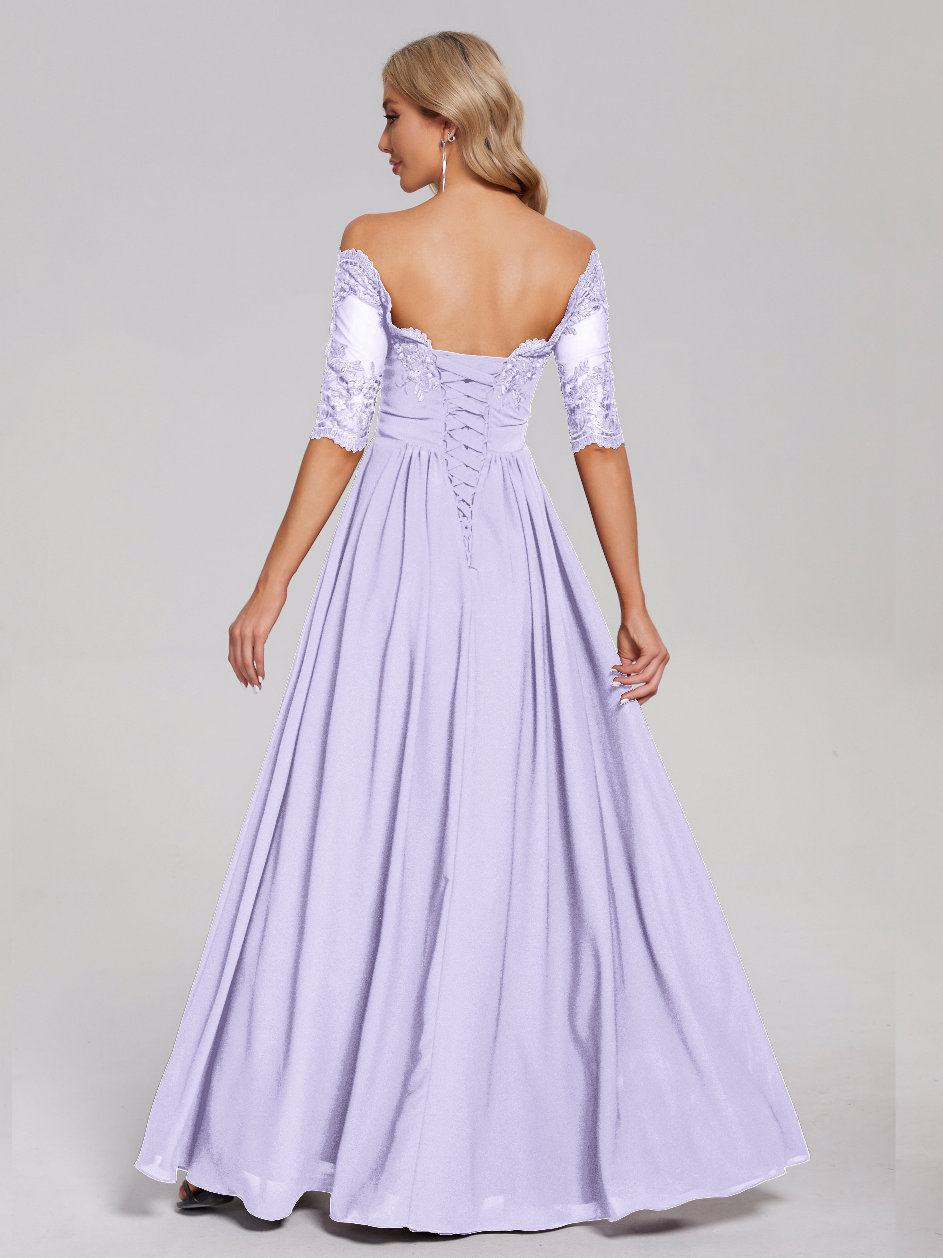 Robes De Demoiselle D'Honneur Lilas Hors-La-Épaule Demi Manches Dentelle/Mousseline Robes Demoiselle D'Honneur