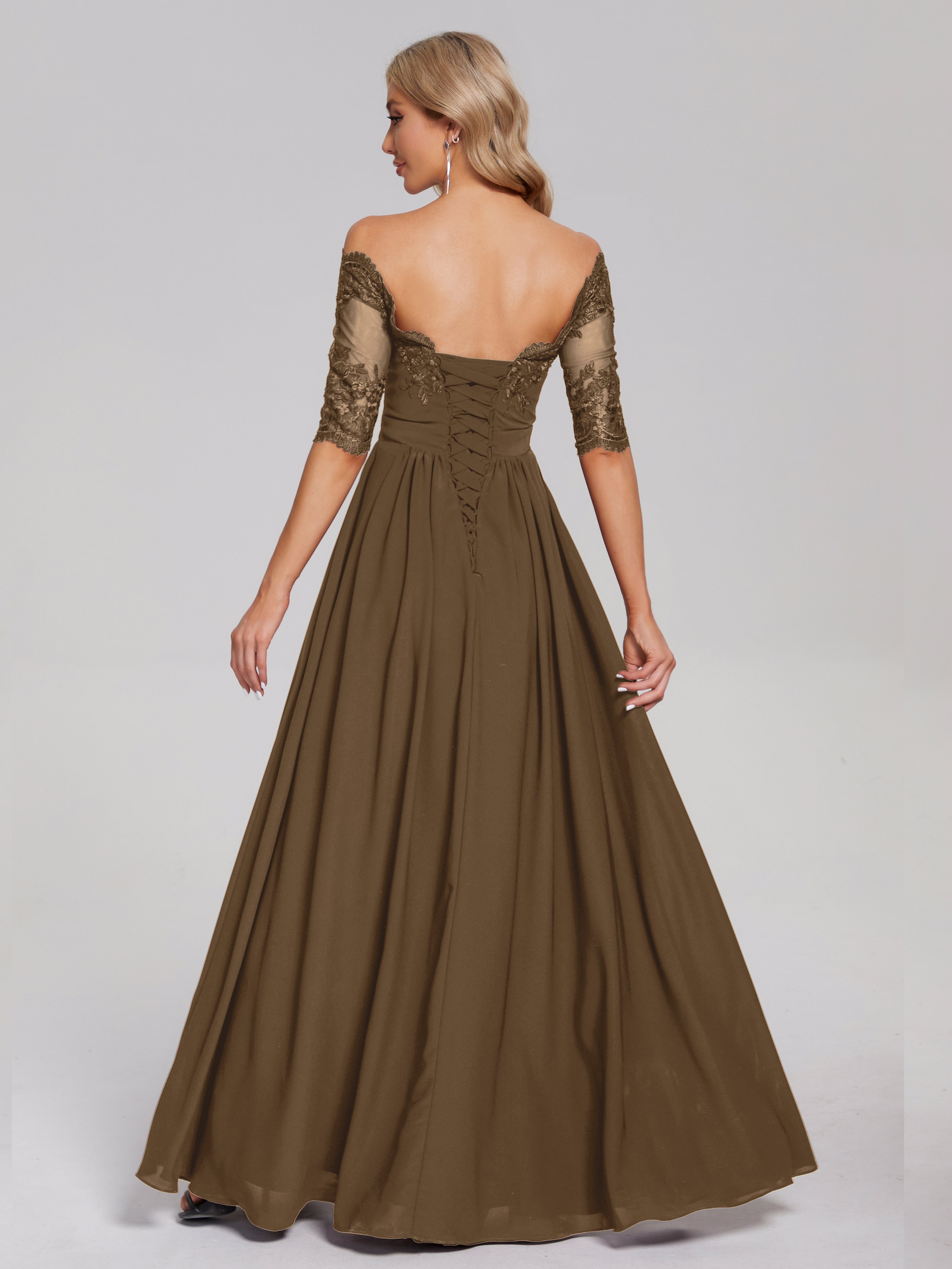 Robe Demoiselle D Honneur Moka Hors-La-Épaule Demi Manches Dentelle/Mousseline Robes Demoiselle D'Honneur