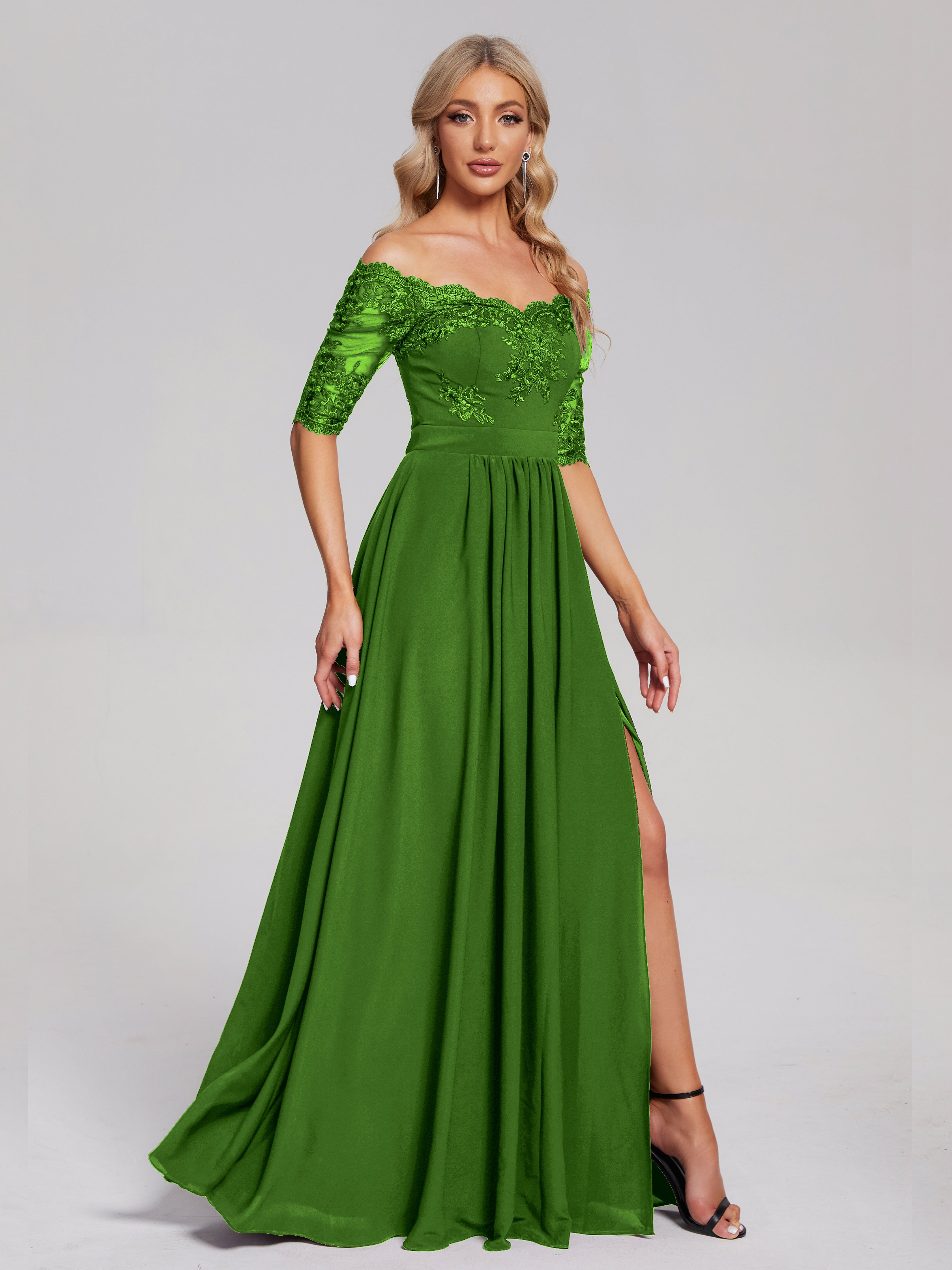 Robes De Demoiselle D'Honneur Vert Mousse Hors-La-Épaule Demi Manches Dentelle/Mousseline Robes Demoiselle D'Honneur