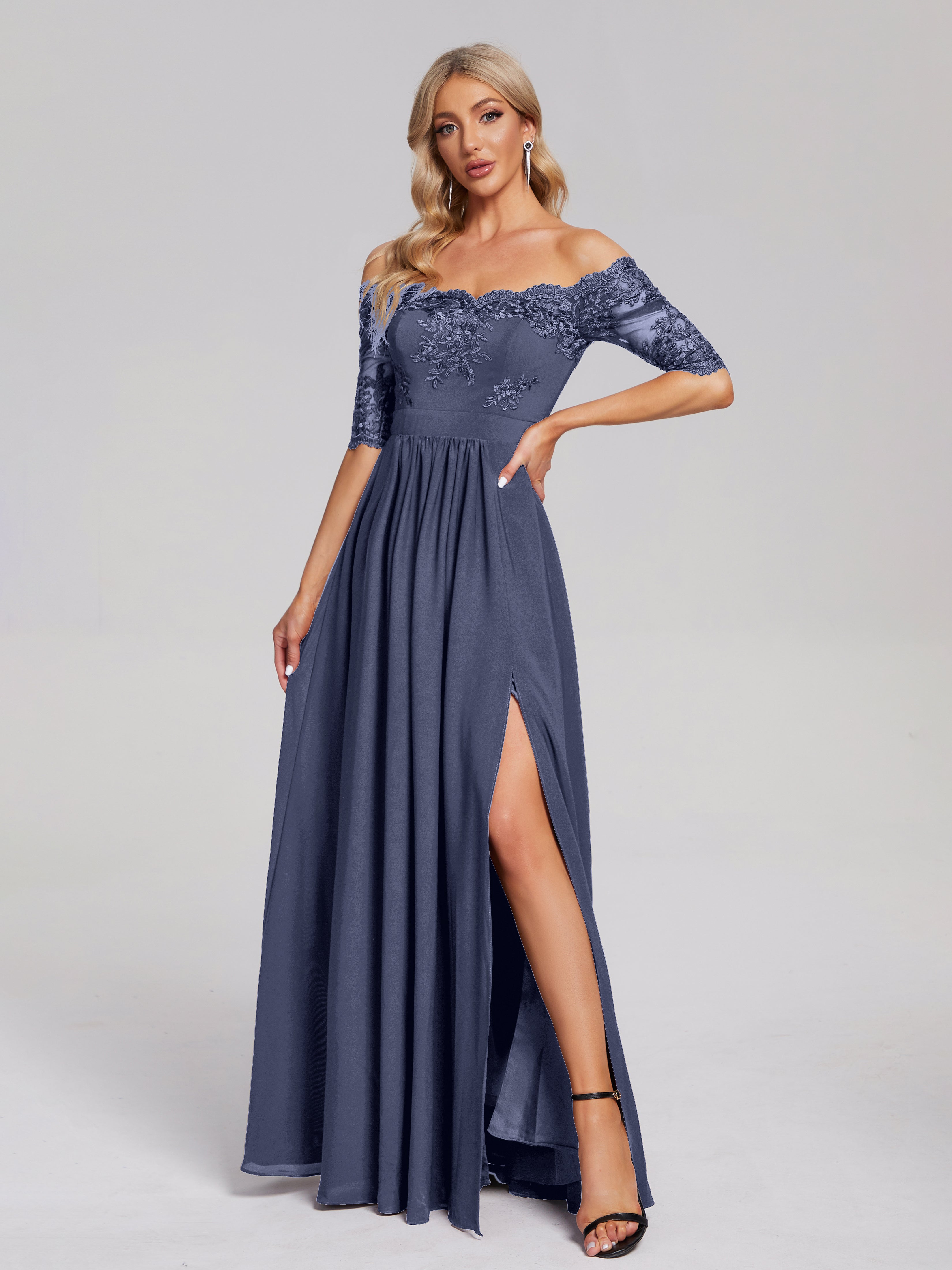 Robes De Demoiselle D'Honneur Bleu Orageux Hors-La-Épaule Demi Manches Dentelle/Mousseline