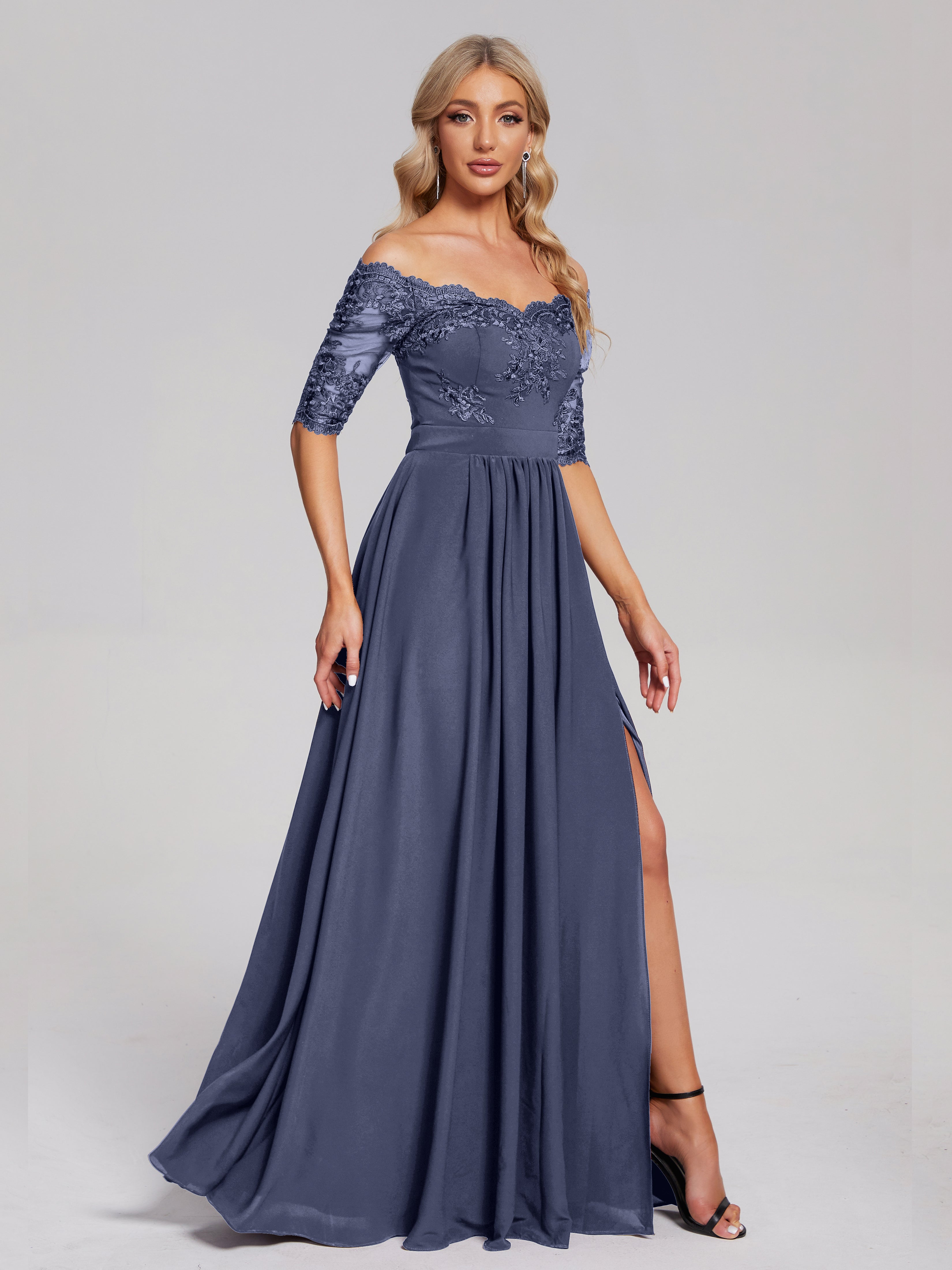 Robes De Demoiselle D'Honneur Bleu Orageux Hors-La-Épaule Demi Manches Dentelle/Mousseline