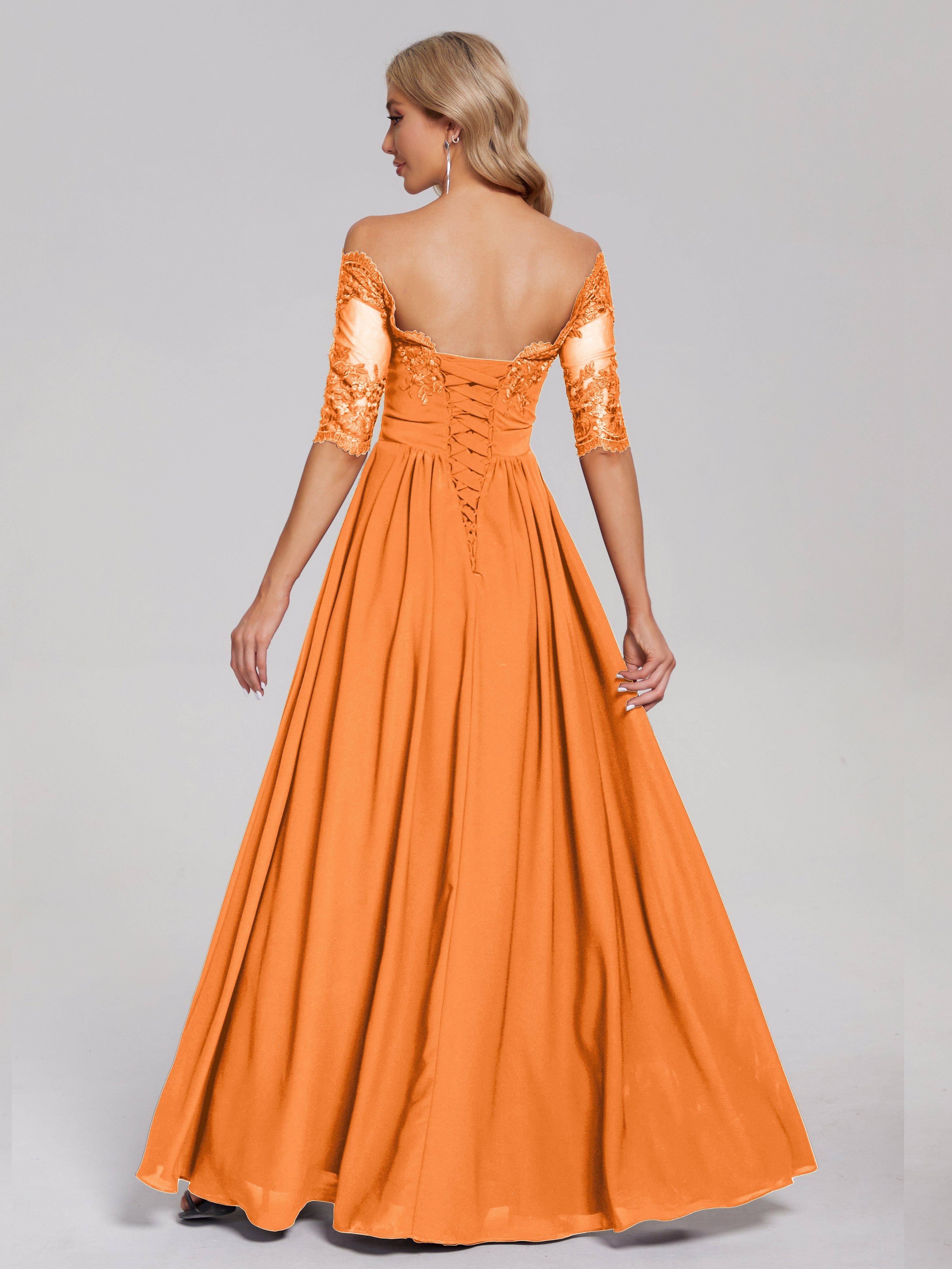 Robe De Demoiselle D Honneur Orange Hors-La-Épaule Demi Manches Dentelle/Mousseline