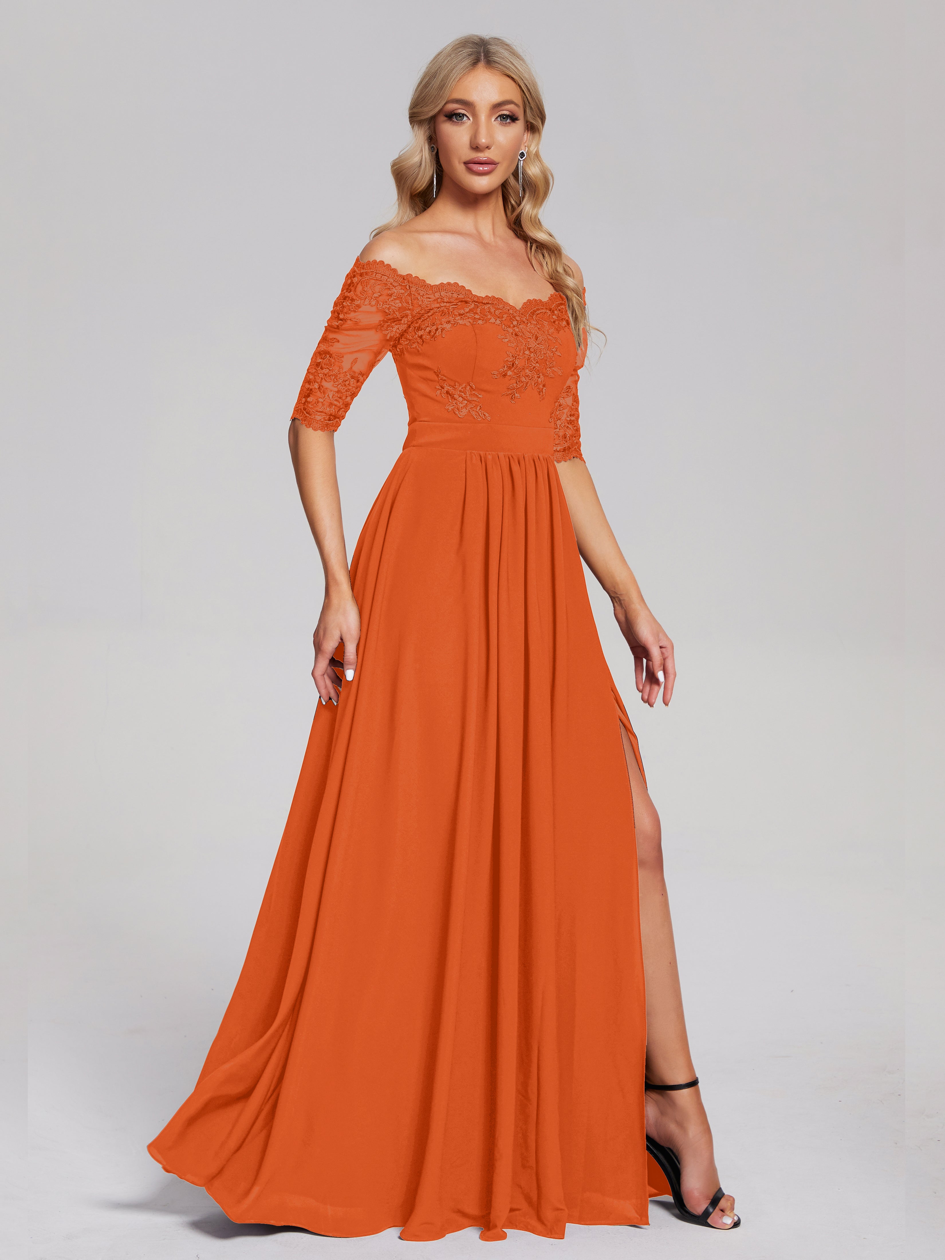 Robe Demoiselle D Honneur Orange Brulé Hors-La-Épaule Demi Manches Dentelle/Mousseline Robes Demoiselle D'Honneur