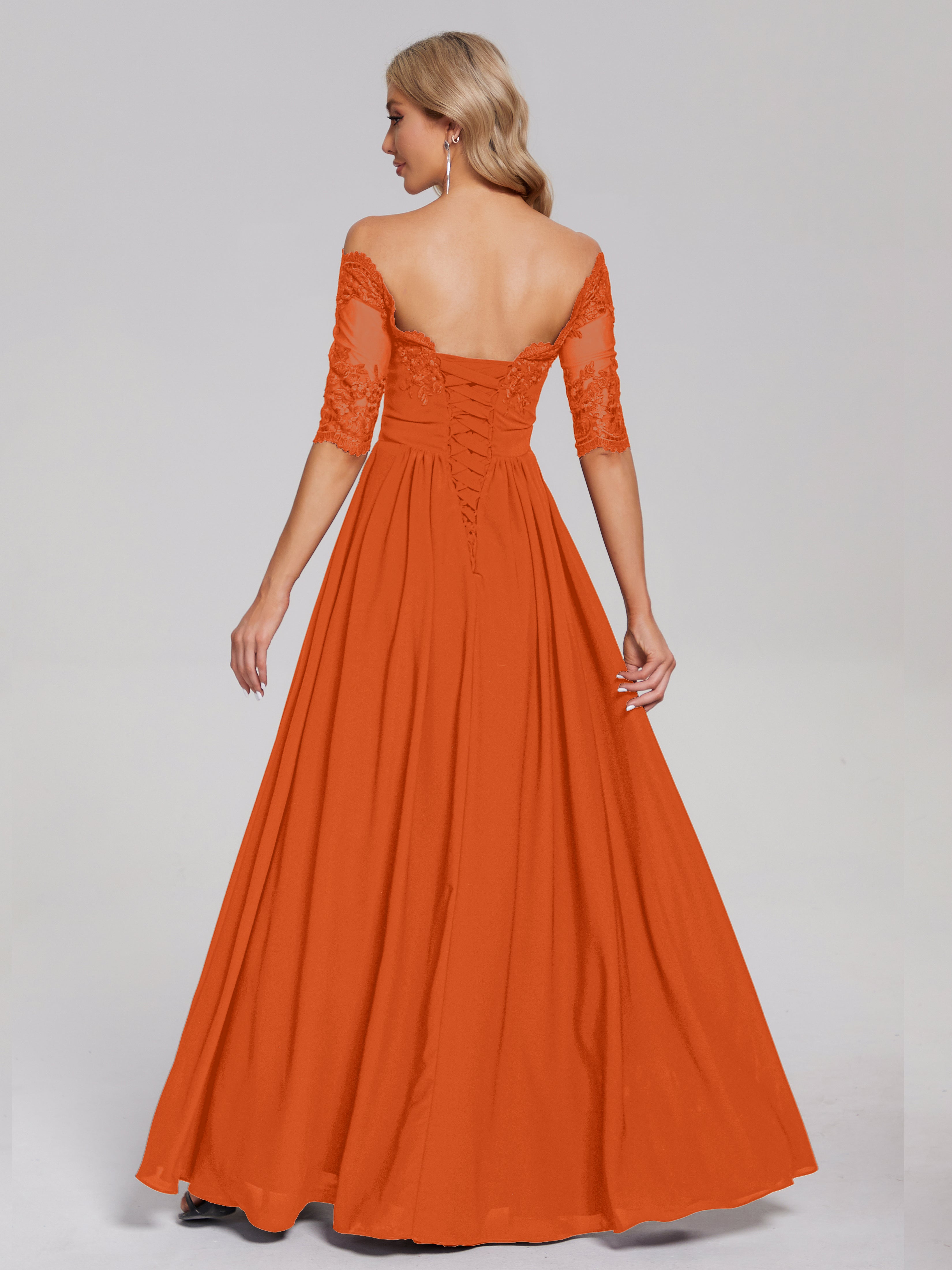 Robe Demoiselle D Honneur Orange Brulé Hors-La-Épaule Demi Manches Dentelle/Mousseline Robes Demoiselle D'Honneur