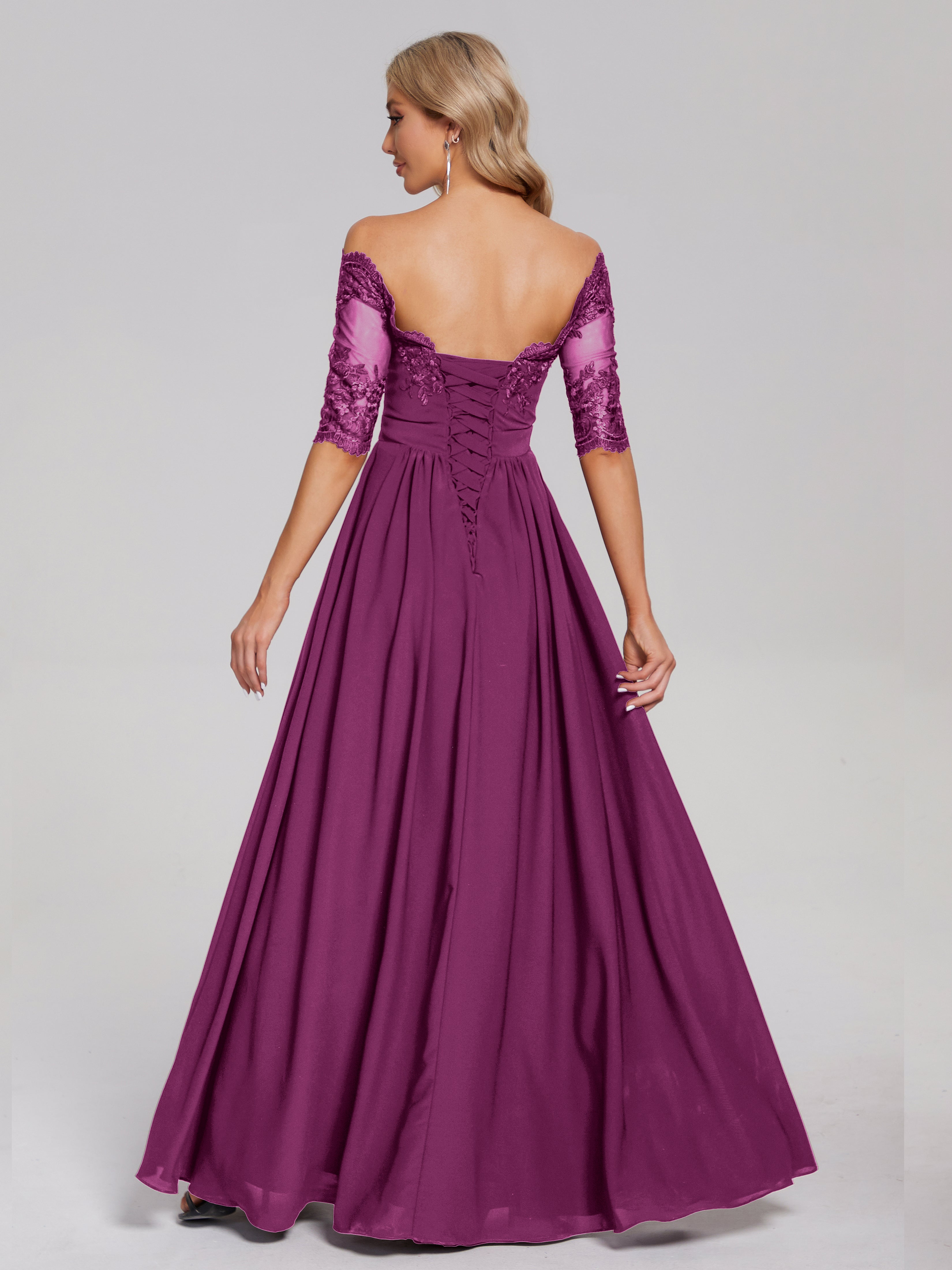Robes De Demoiselle D'Honneur Orchidée Hors-La-Épaule Demi Manches Dentelle/Mousseline