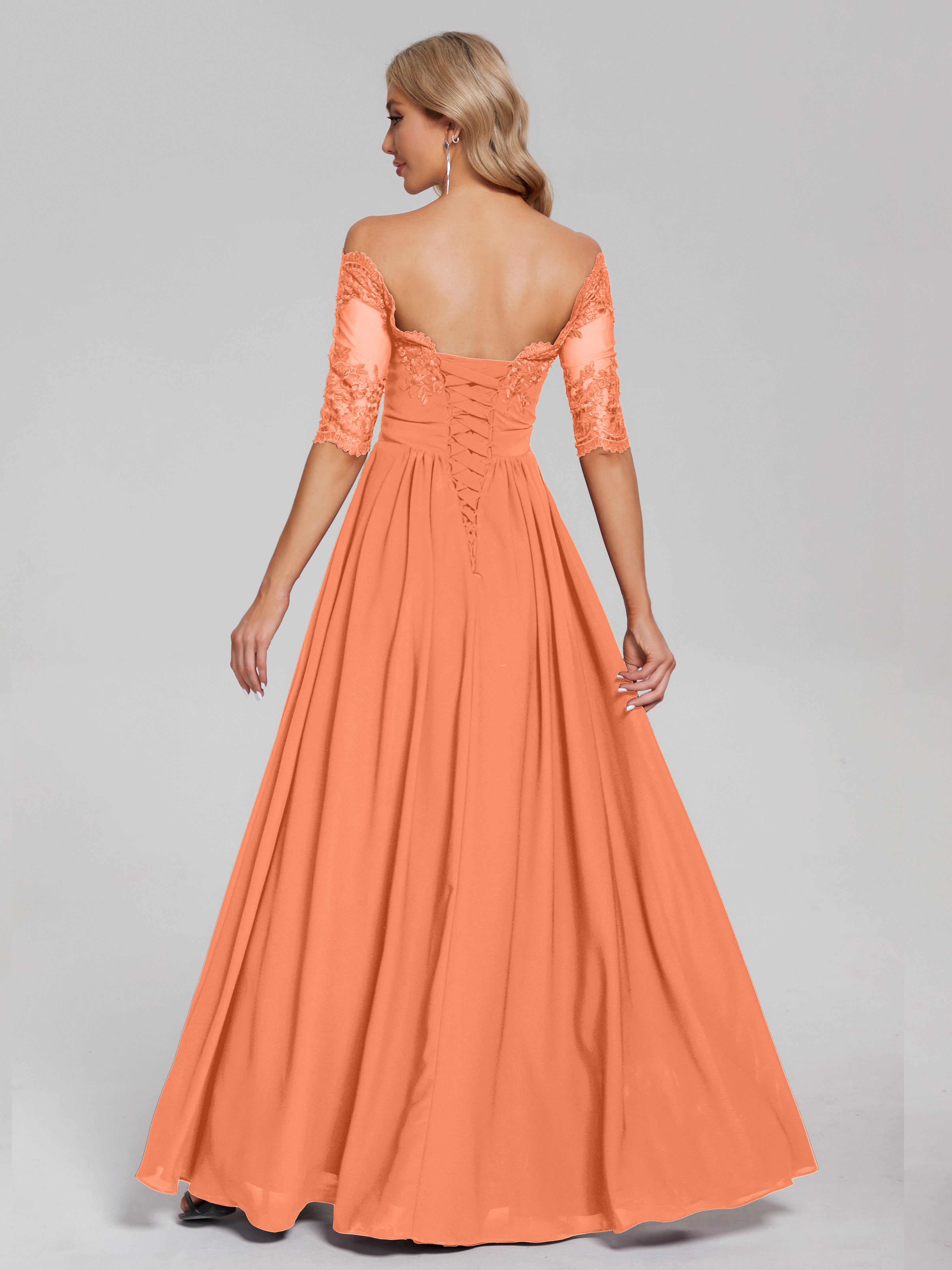Robes De Demoiselle D'Honneur Papaye Hors-La-Épaule Demi Manches Dentelle/Mousseline