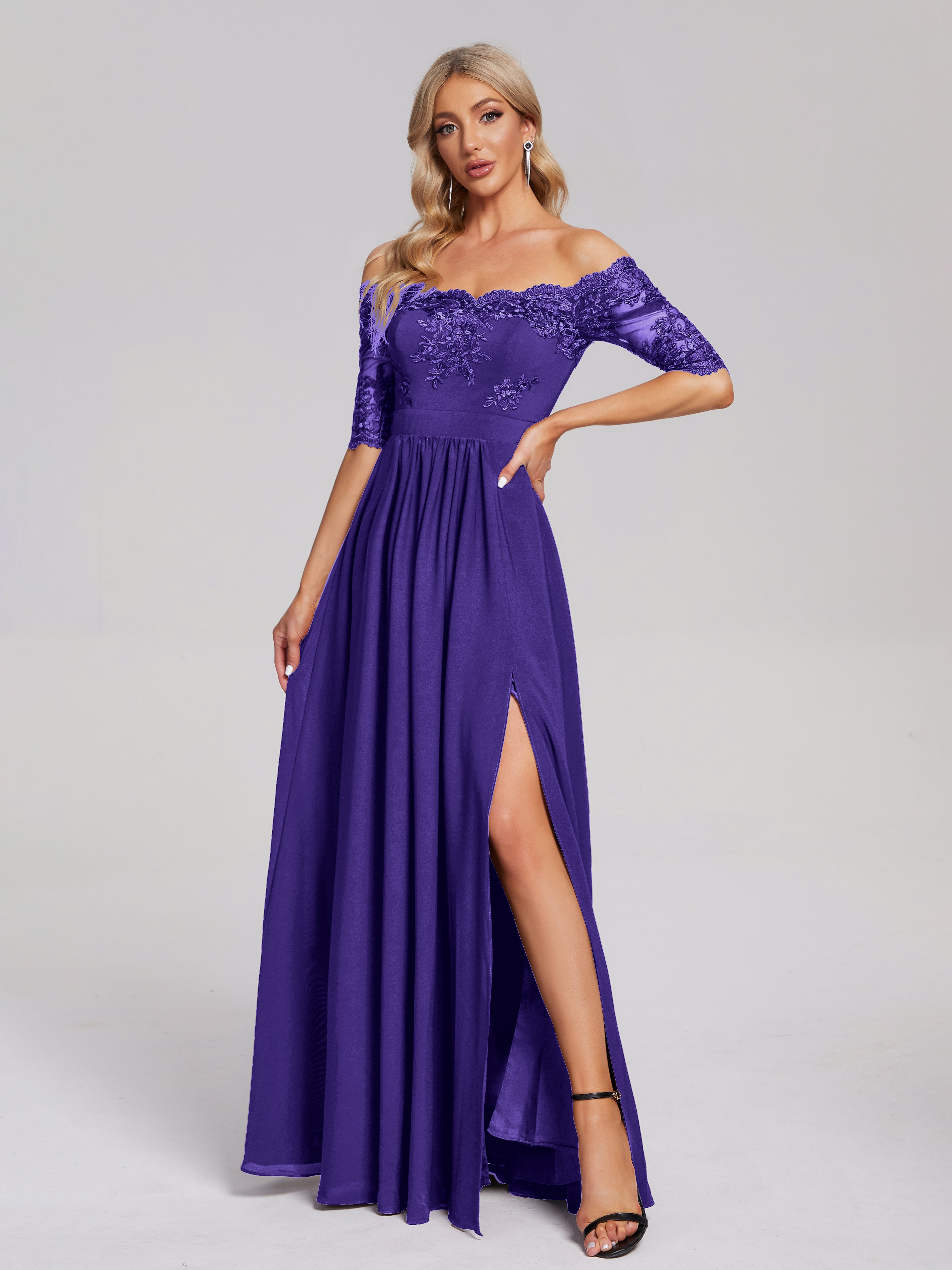 Robes De Demoiselle D'Honneur En Régence Hors-La-Épaule Demi Manches Dentelle/Mousseline