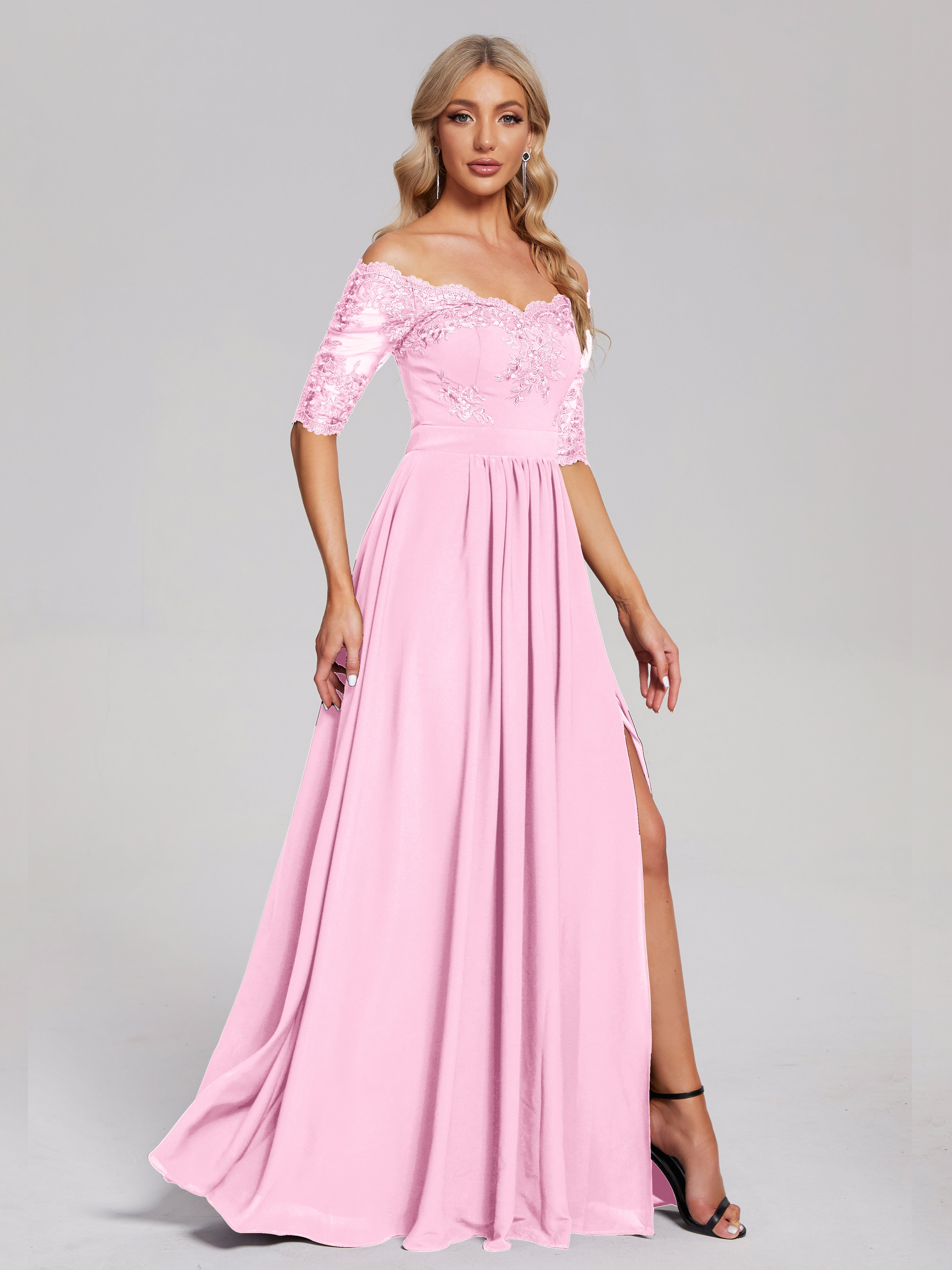 Robes De Demoiselle D'Honneur Rose Bonbon Hors-La-Épaule Demi Manches Dentelle/Mousseline