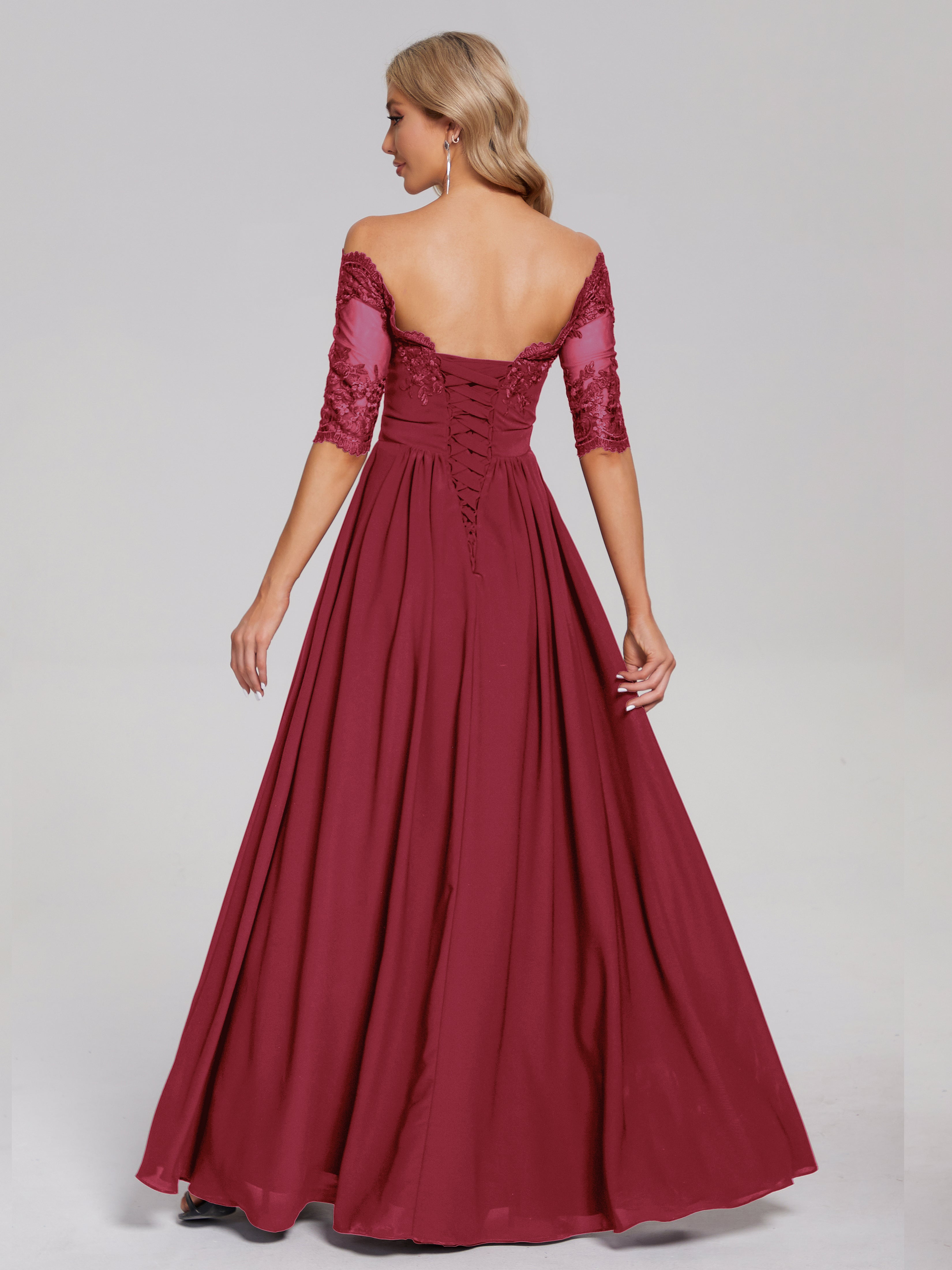 Robe Demoiselle D Honneur Rose Cannelle Hors-La-Épaule Demi Manches Dentelle/Mousseline Robes Demoiselle D'Honneur
