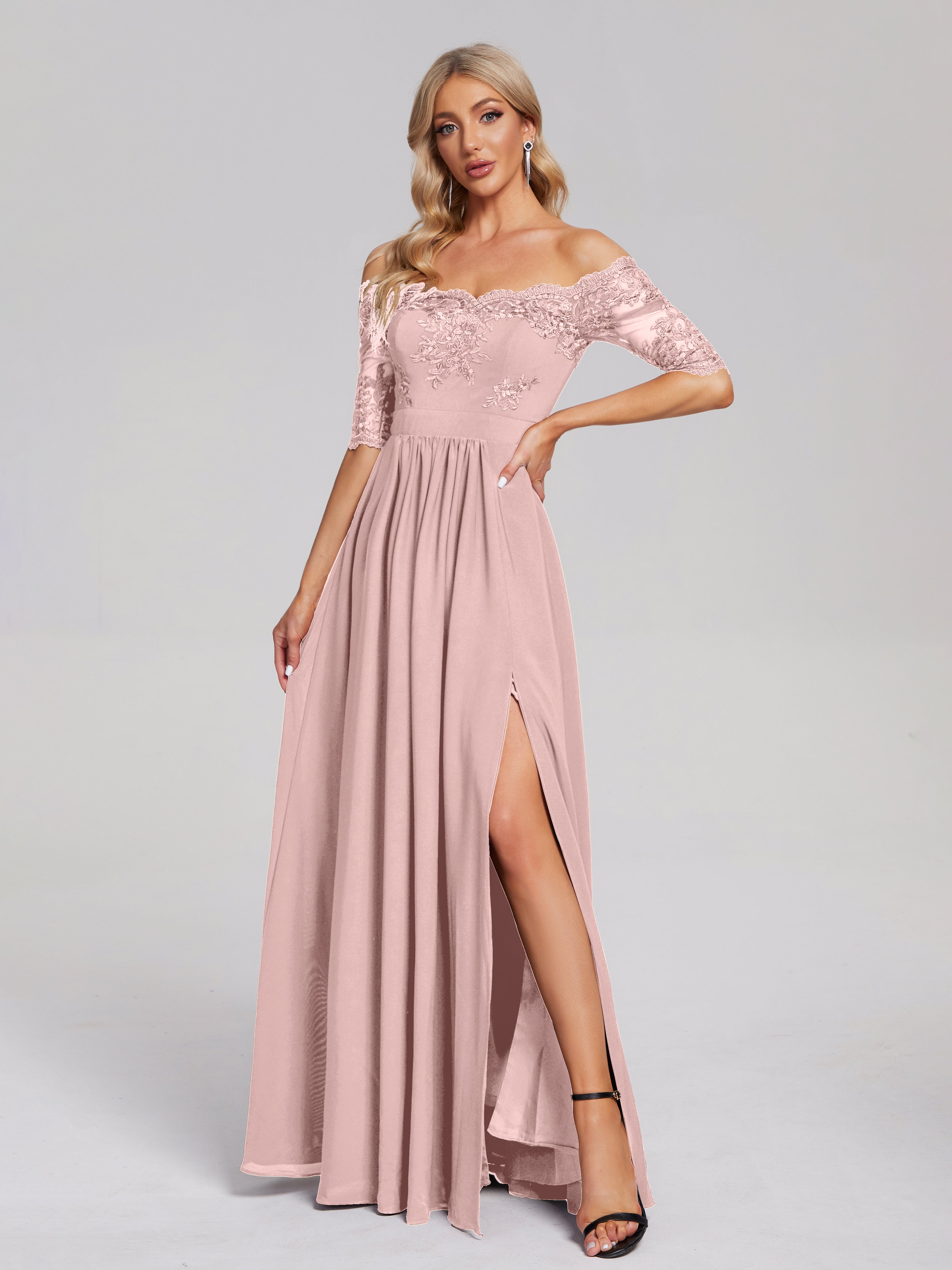 Robe De Demoiselle D Honneur Rose Poudrée Hors-La-Épaule Demi Manches Dentelle/Mousseline