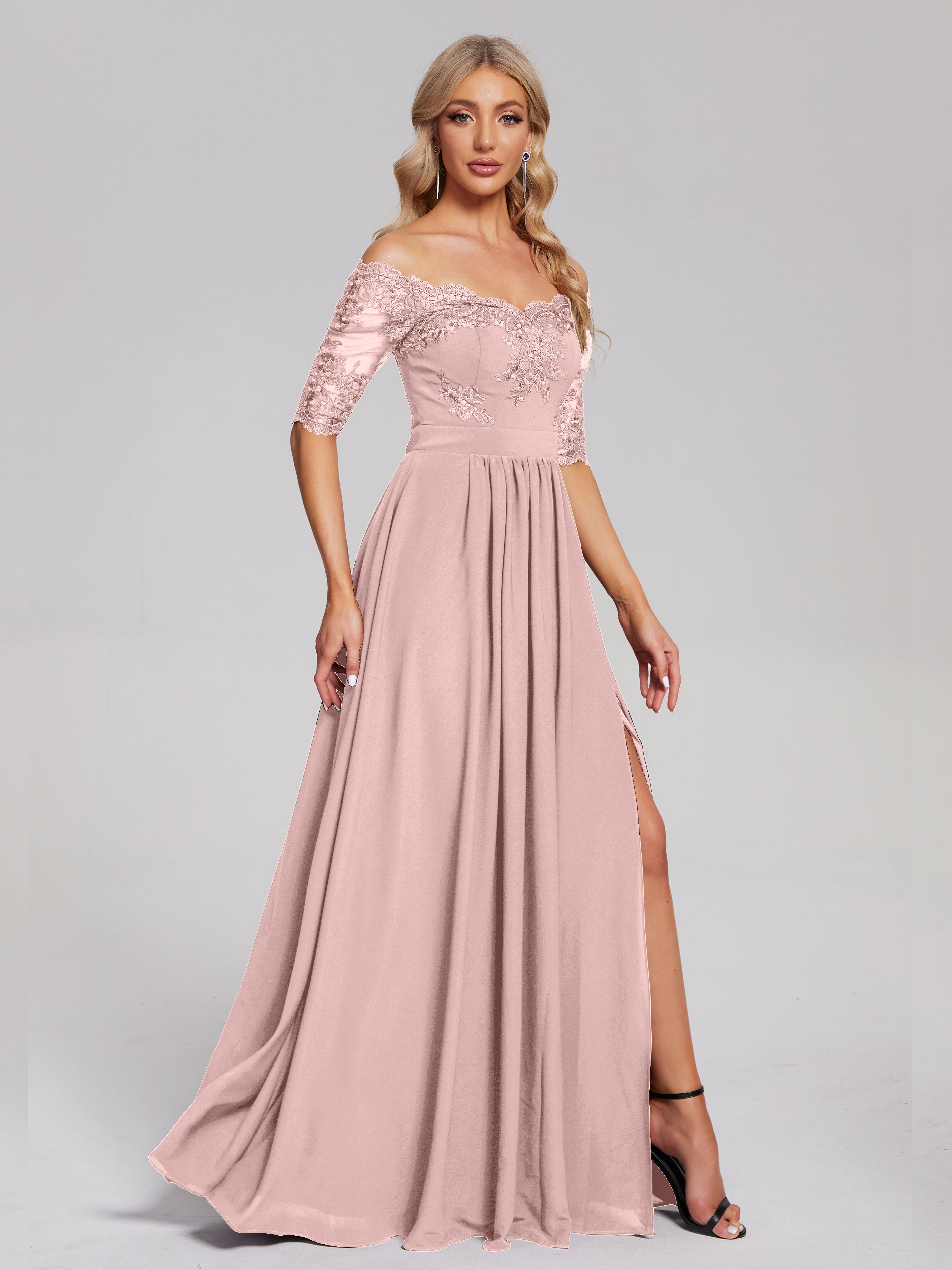 Robe De Demoiselle D Honneur Rose Poudrée Hors-La-Épaule Demi Manches Dentelle/Mousseline