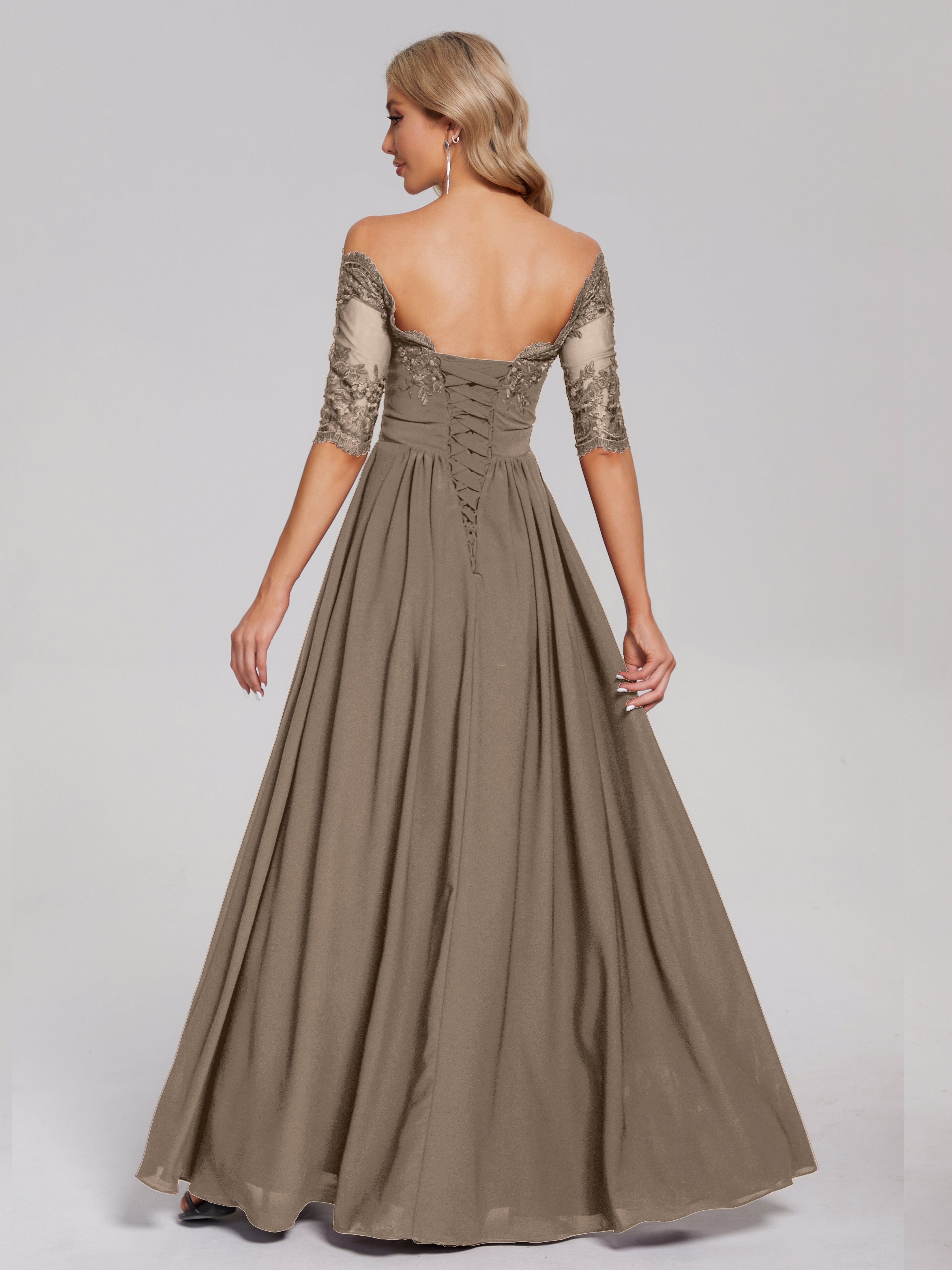 Robe Ceremonie Taupe Hors-La-Épaule Demi Manches Dentelle/Mousseline