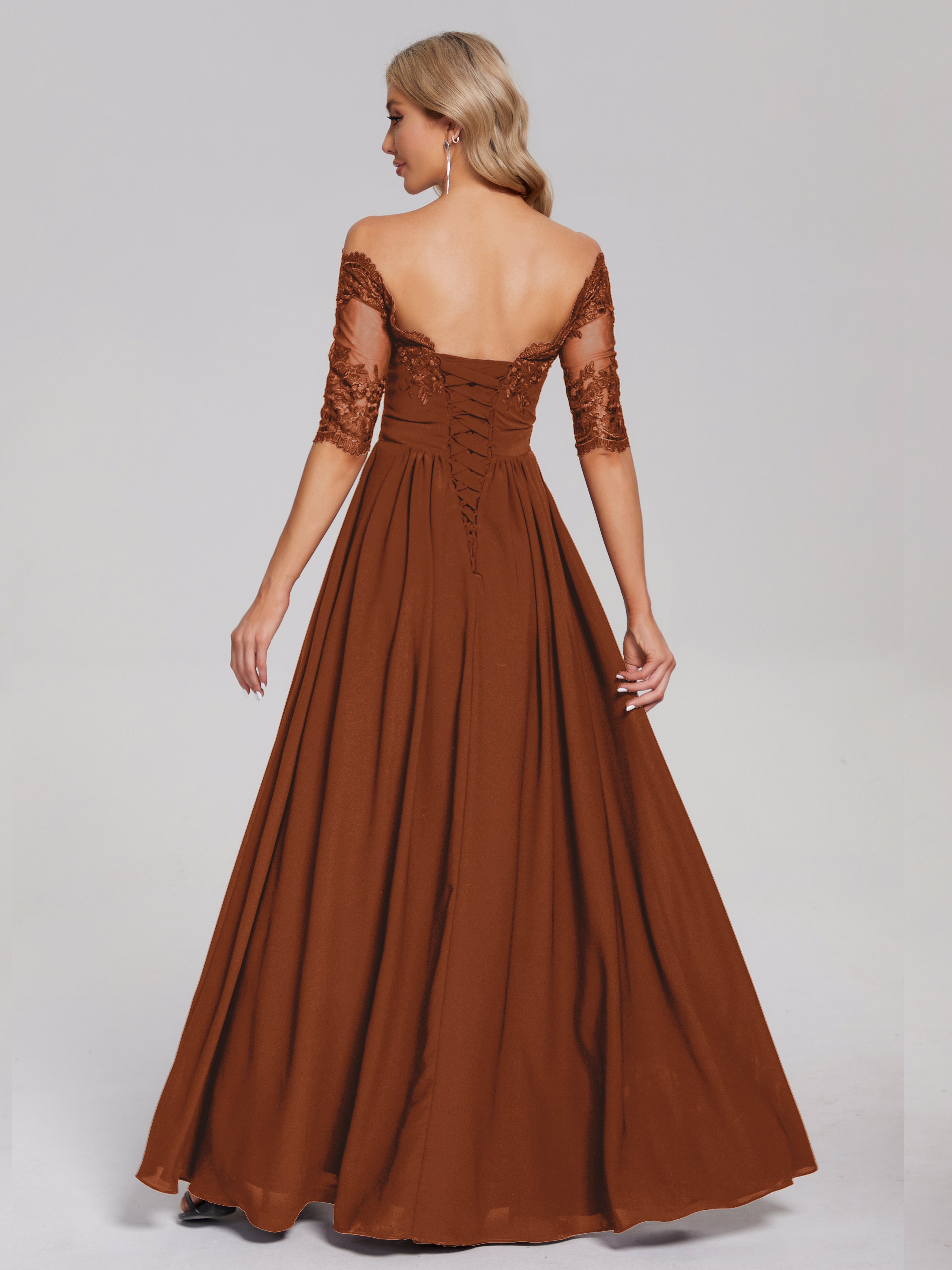 Rouille Robe Demoiselle D Honneur Terracotta Hors-La-Épaule Demi Manches Dentelle/Mousseline Robes Demoiselle D'Honneur