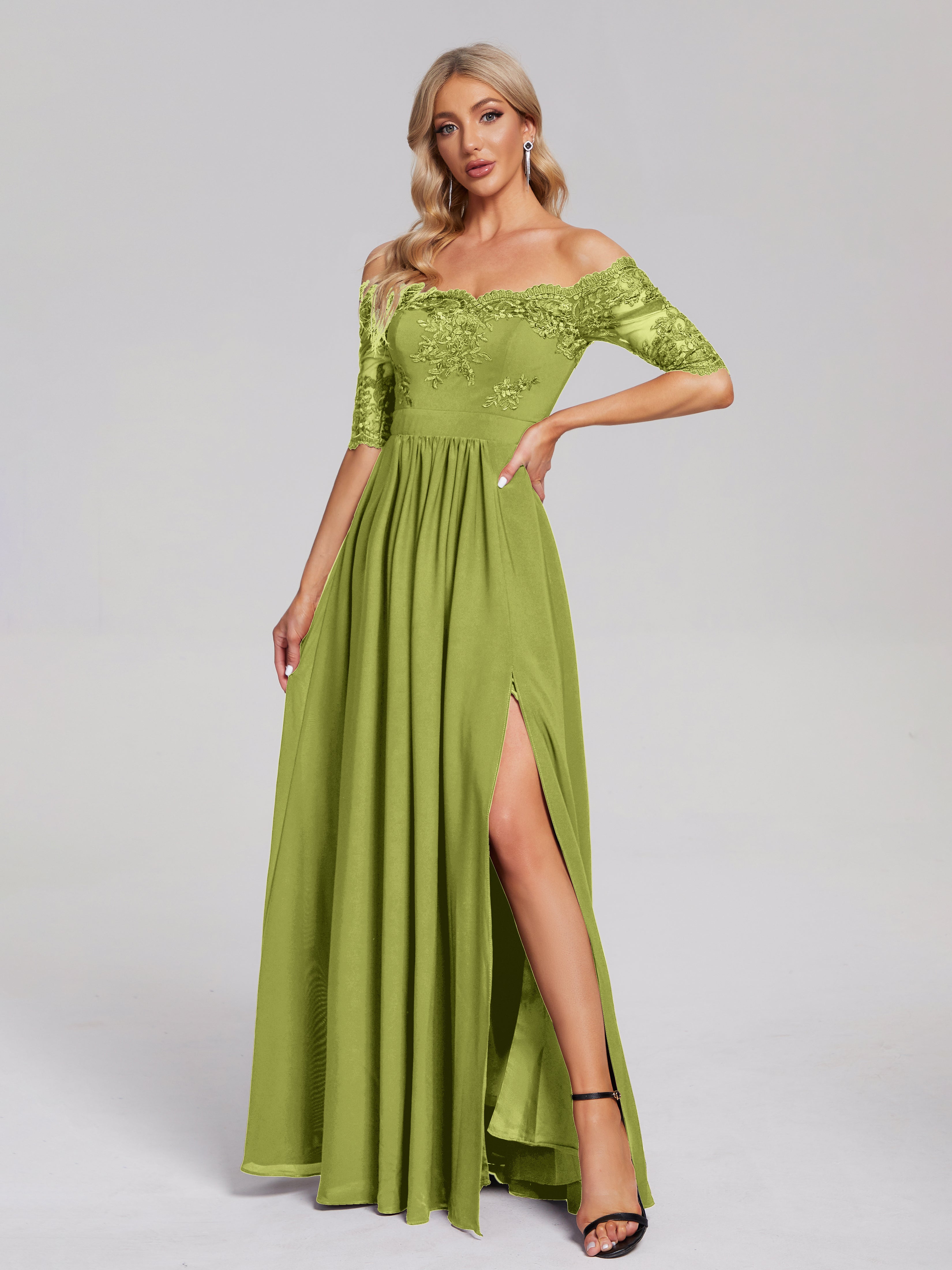 Robes De Demoiselle D'Honneur Trèfle Hors-La-Épaule Demi Manches Dentelle/Mousseline