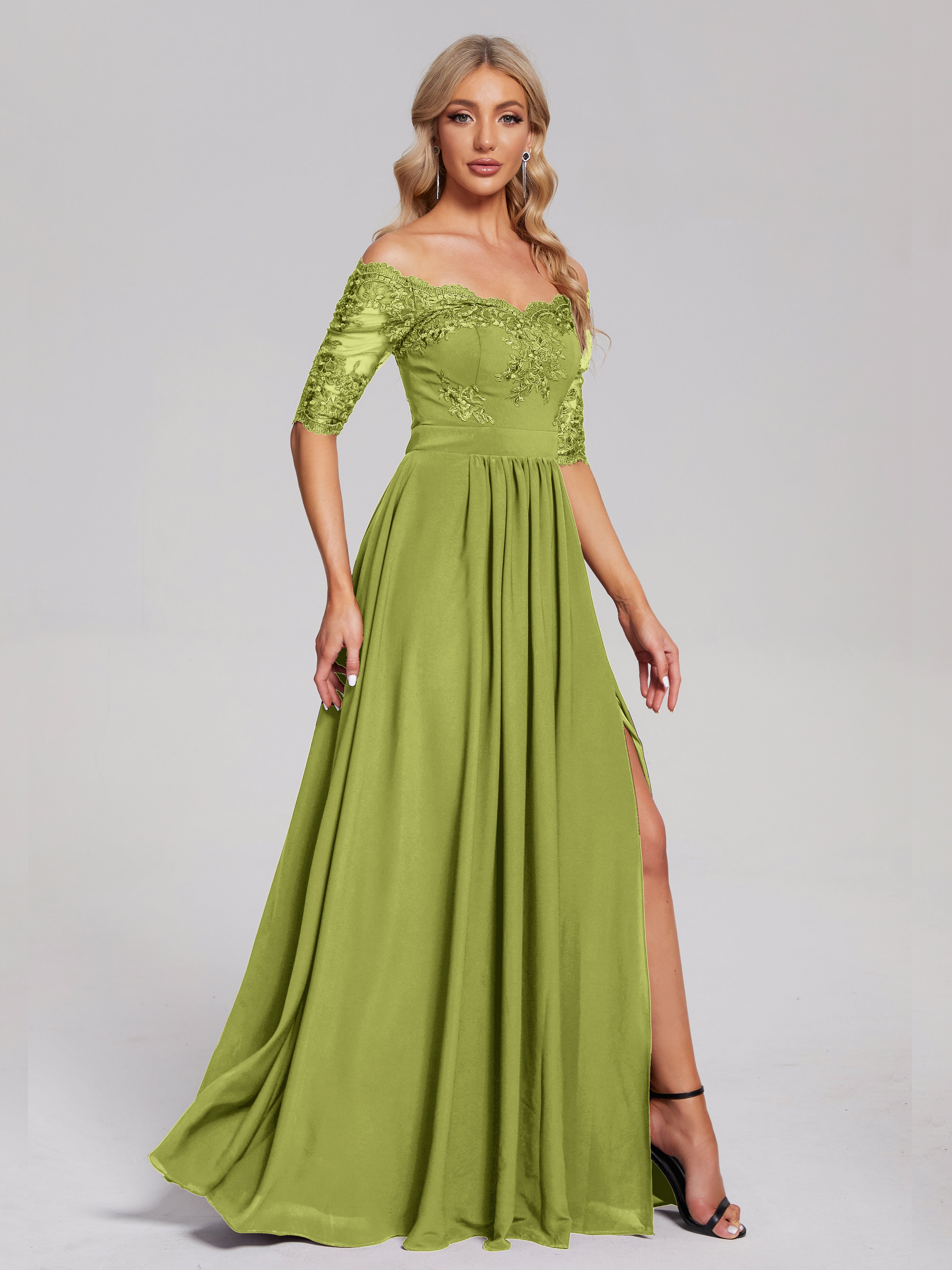 Robes De Demoiselle D'Honneur Trèfle Hors-La-Épaule Demi Manches Dentelle/Mousseline