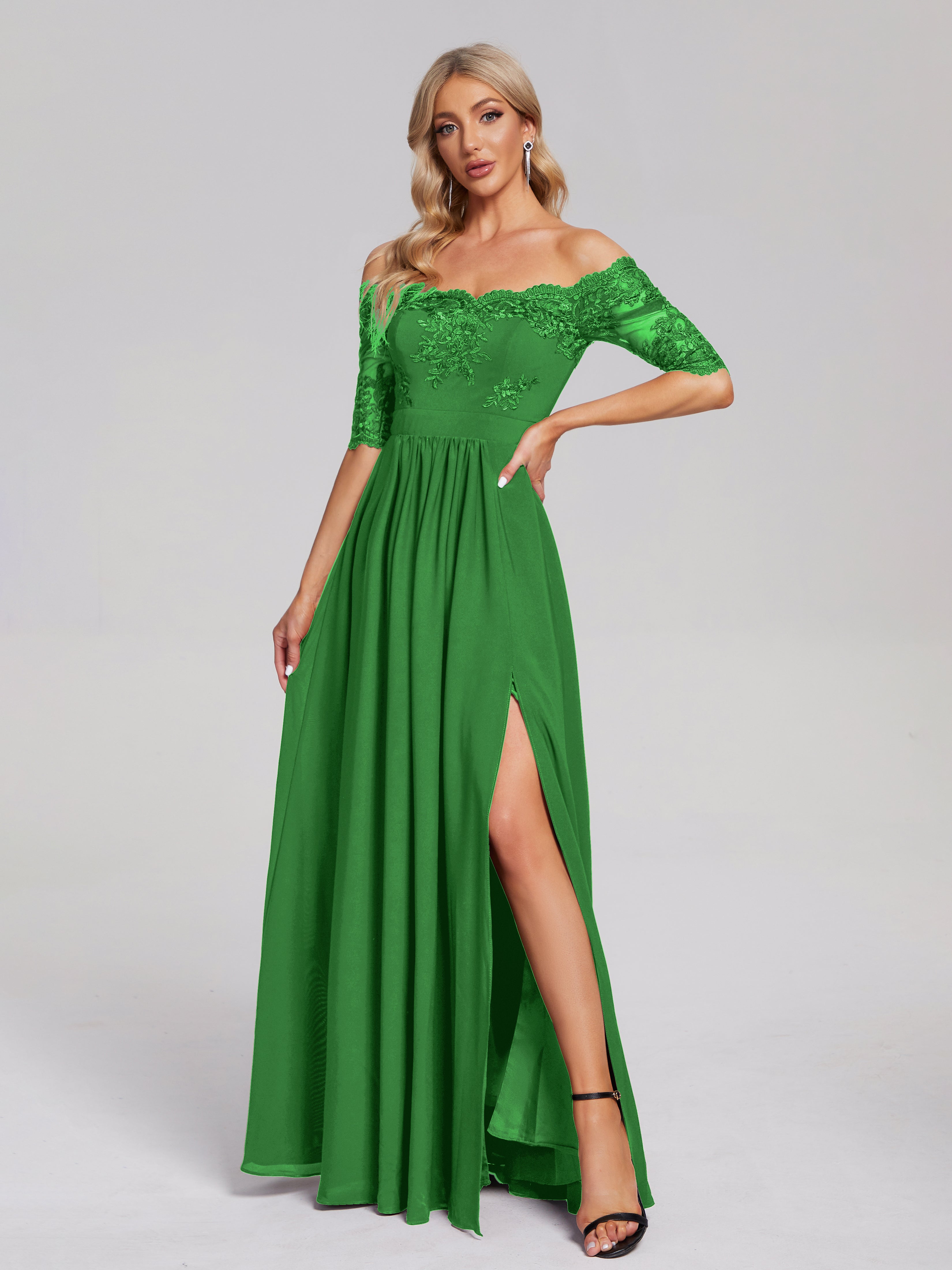 Robe Verte Demoiselle D Honneur Hors-La-Épaule Demi Manches Dentelle/Mousseline