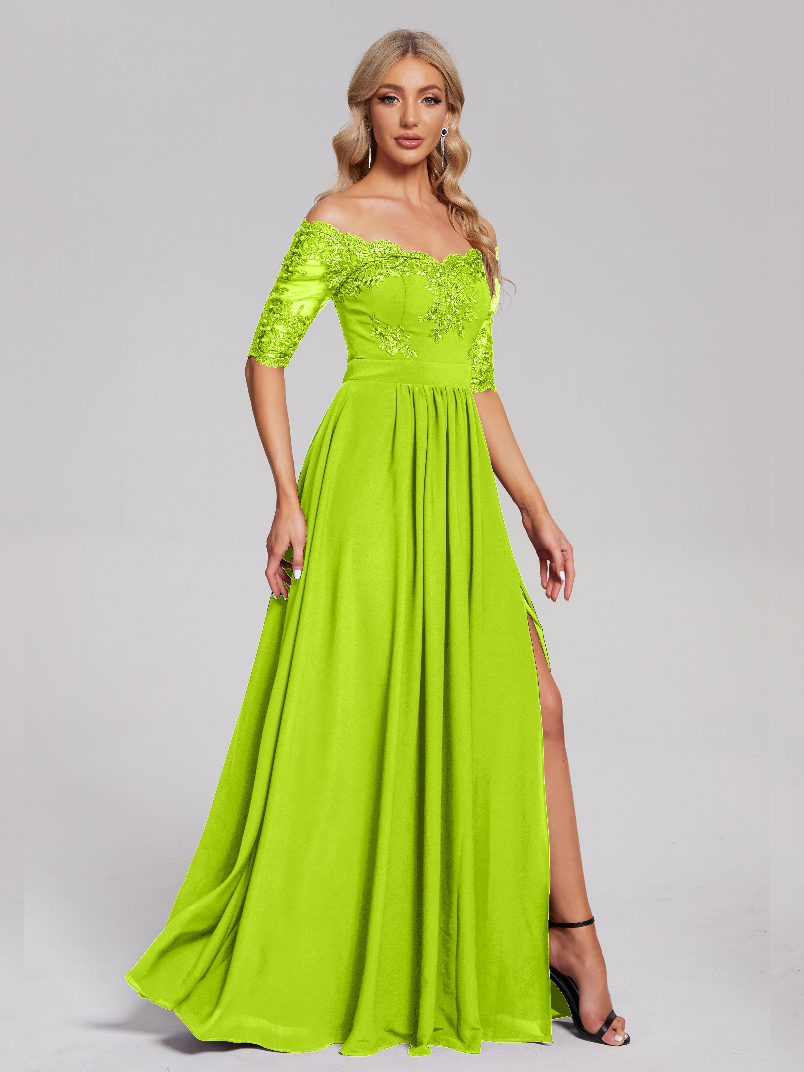 Robes De Demoiselle D'Honneur Vert Citron Hors-La-Épaule Demi Manches Dentelle/Mousseline