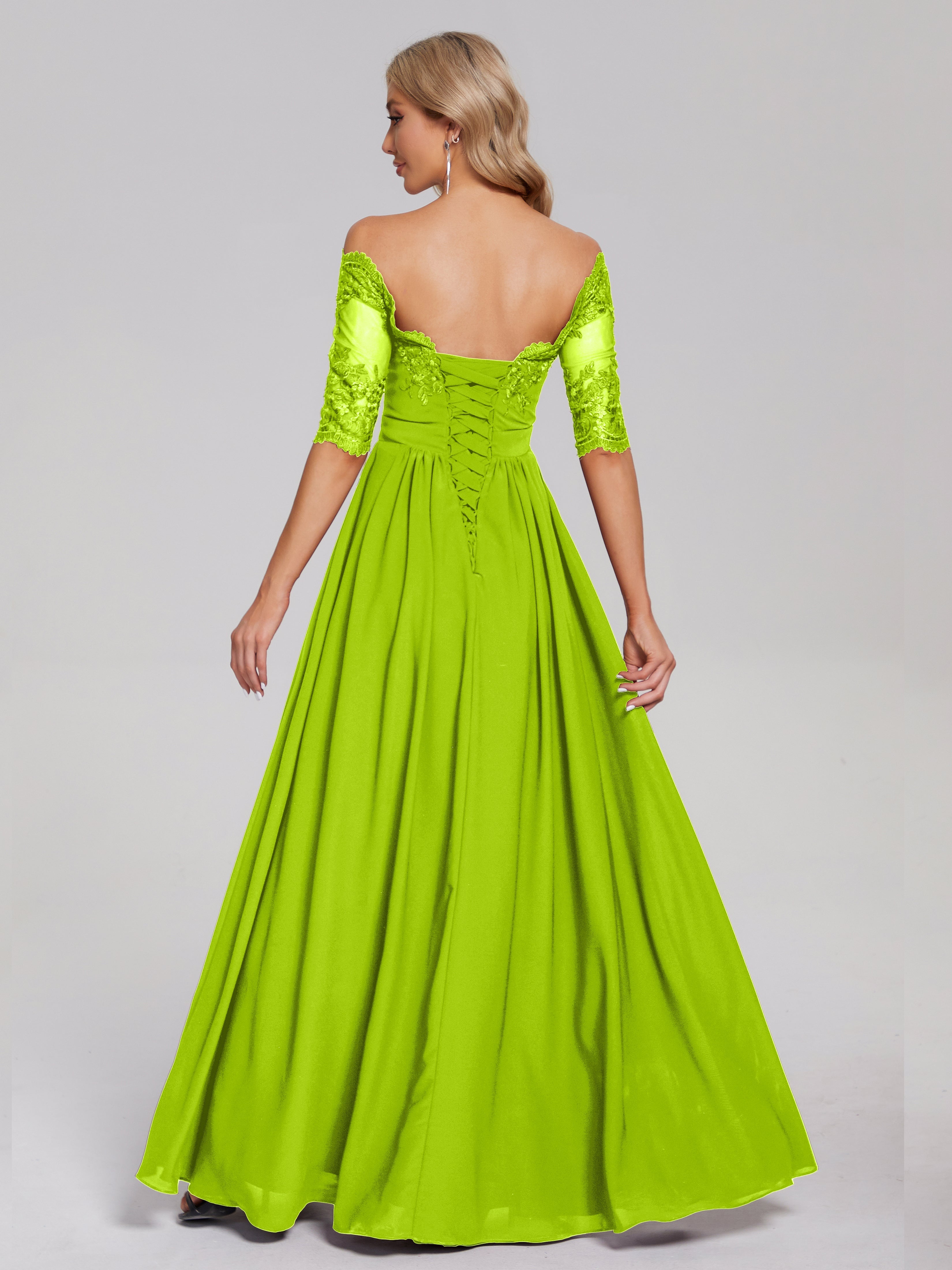 Robes De Demoiselle D'Honneur Vert Citron Hors-La-Épaule Demi Manches Dentelle/Mousseline