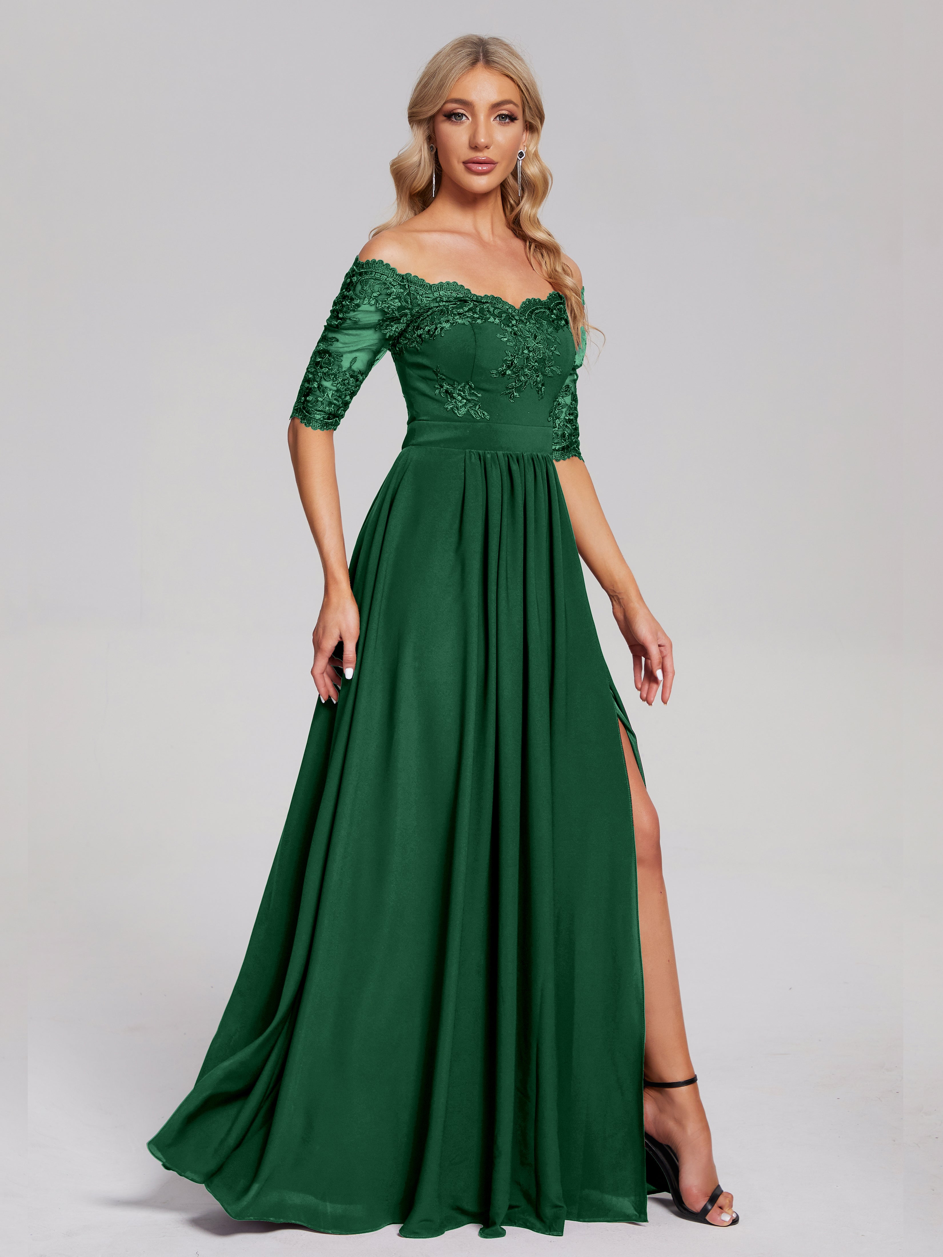 Robes De Demoiselle D'Honneur Vert Foncé Hors-La-Épaule Demi Manches Dentelle/Mousseline