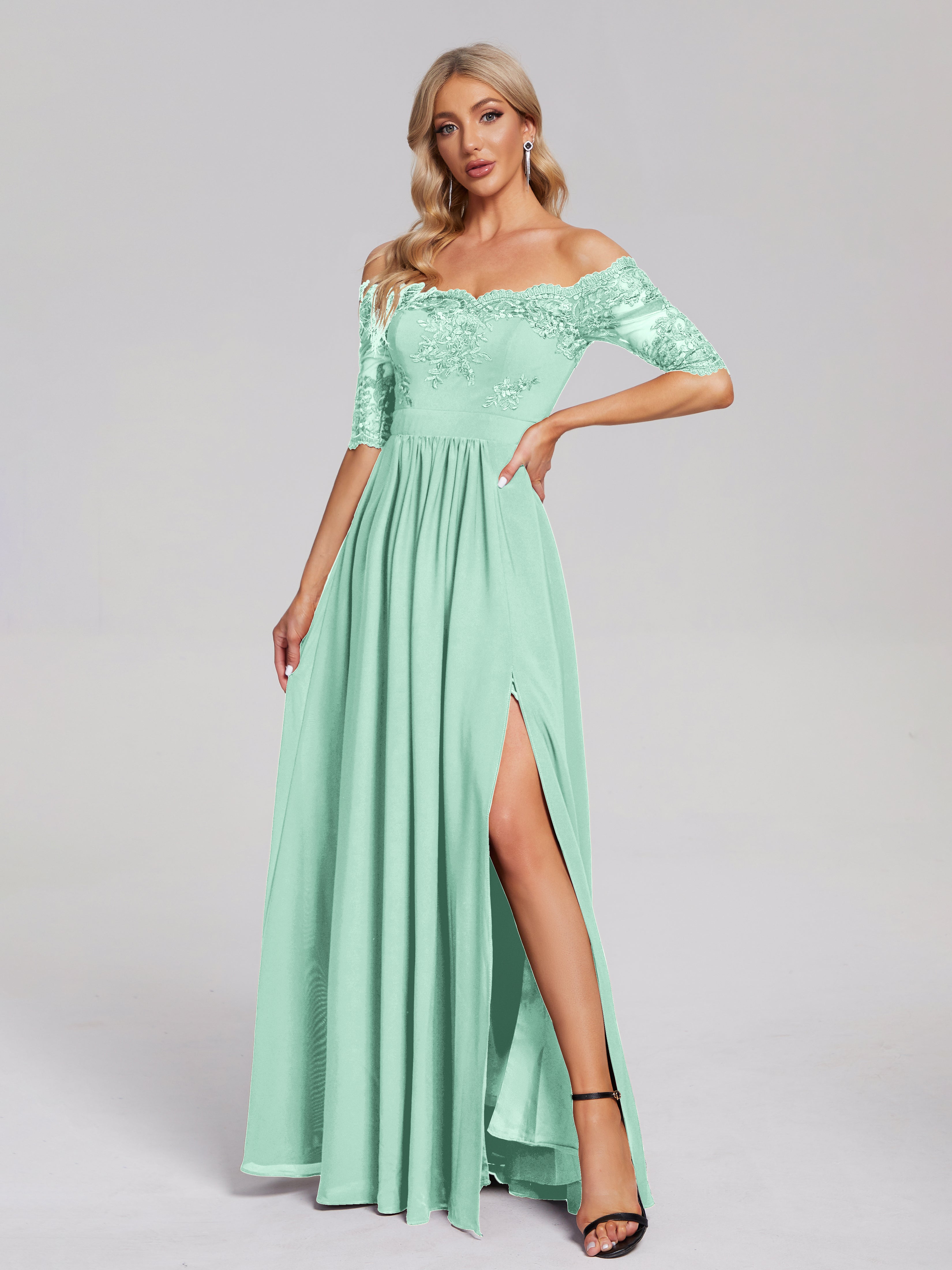 Robes De Demoiselle D'Honneur Vert Menthe Hors-La-Épaule Demi Manches Dentelle/Mousseline