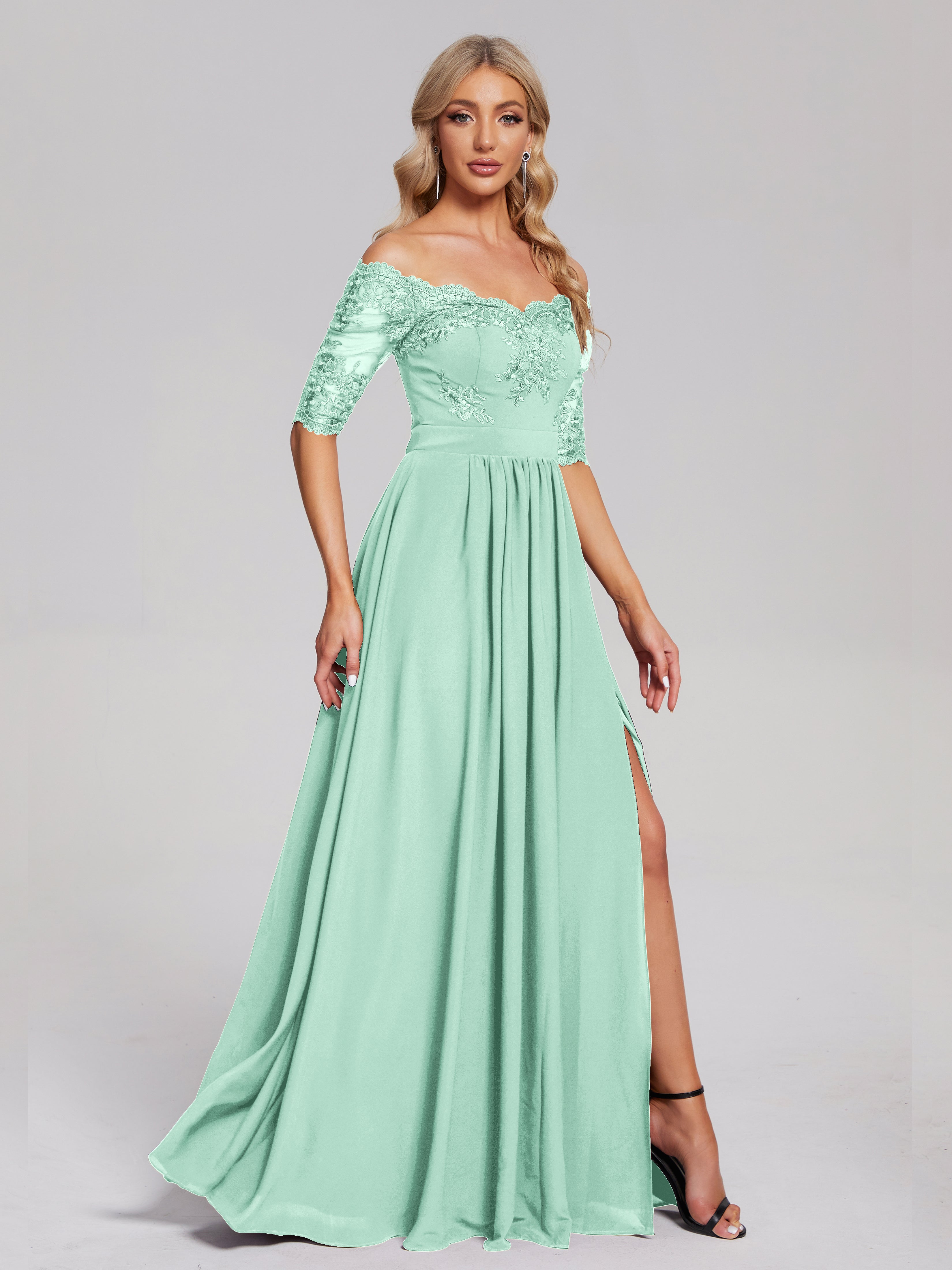 Robes De Demoiselle D'Honneur Vert Menthe Hors-La-Épaule Demi Manches Dentelle/Mousseline