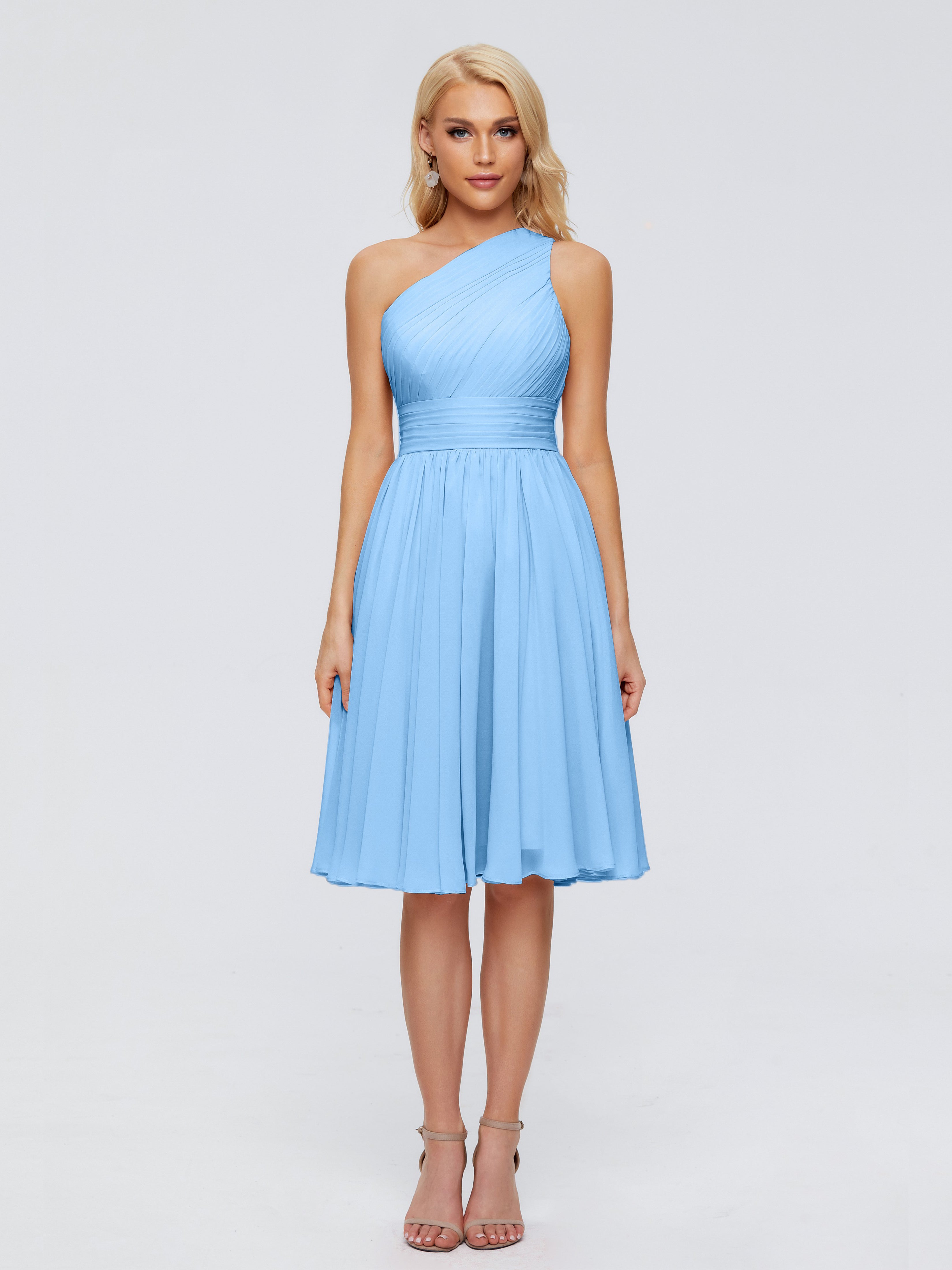 Robe Demoiselle D Honneur Courte Bleu Seule-Épaule Mousseline Robes Demoiselle D'Honneur