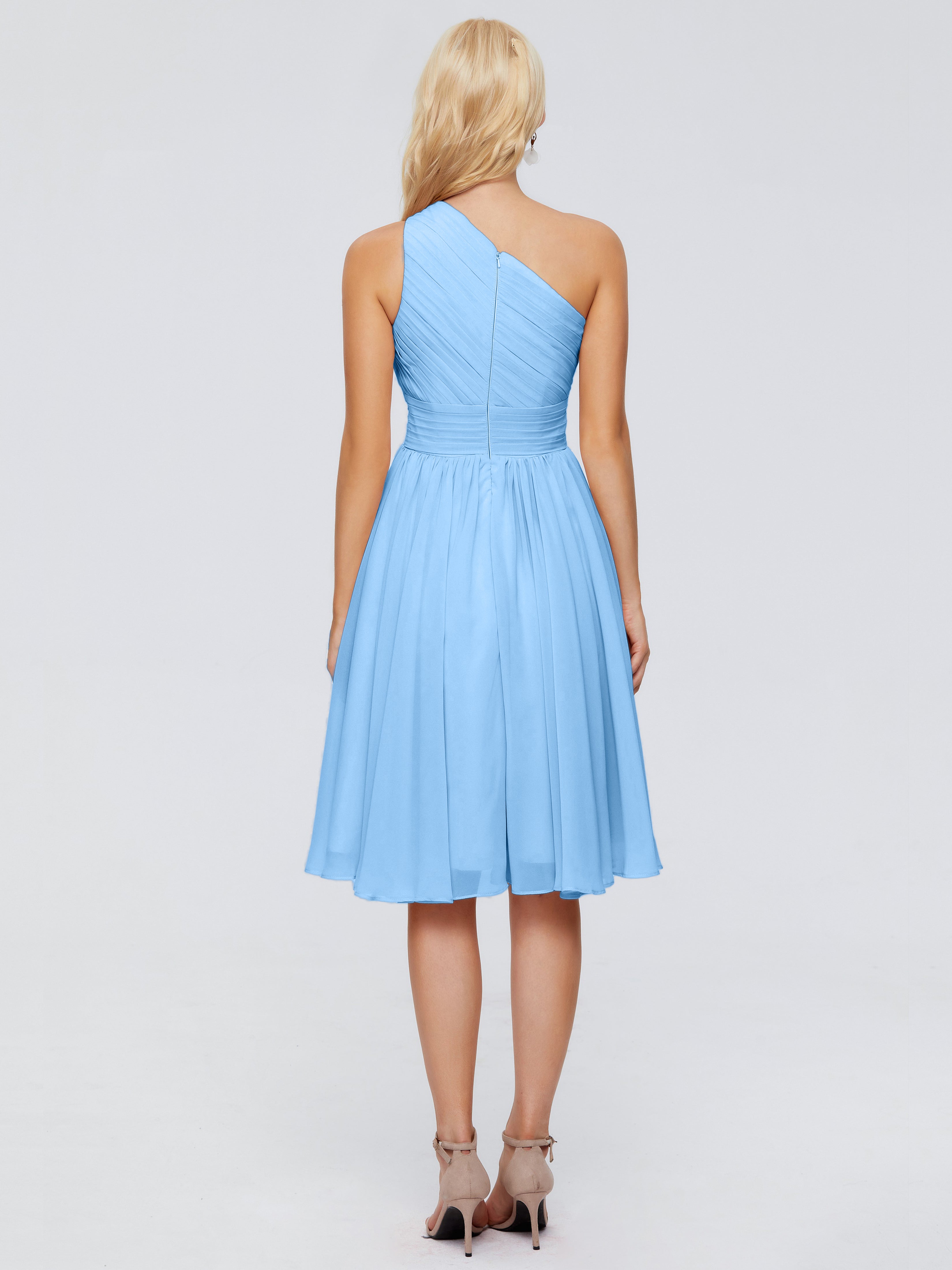 Robe Demoiselle D Honneur Courte Bleu Seule-Épaule Mousseline Robes Demoiselle D'Honneur