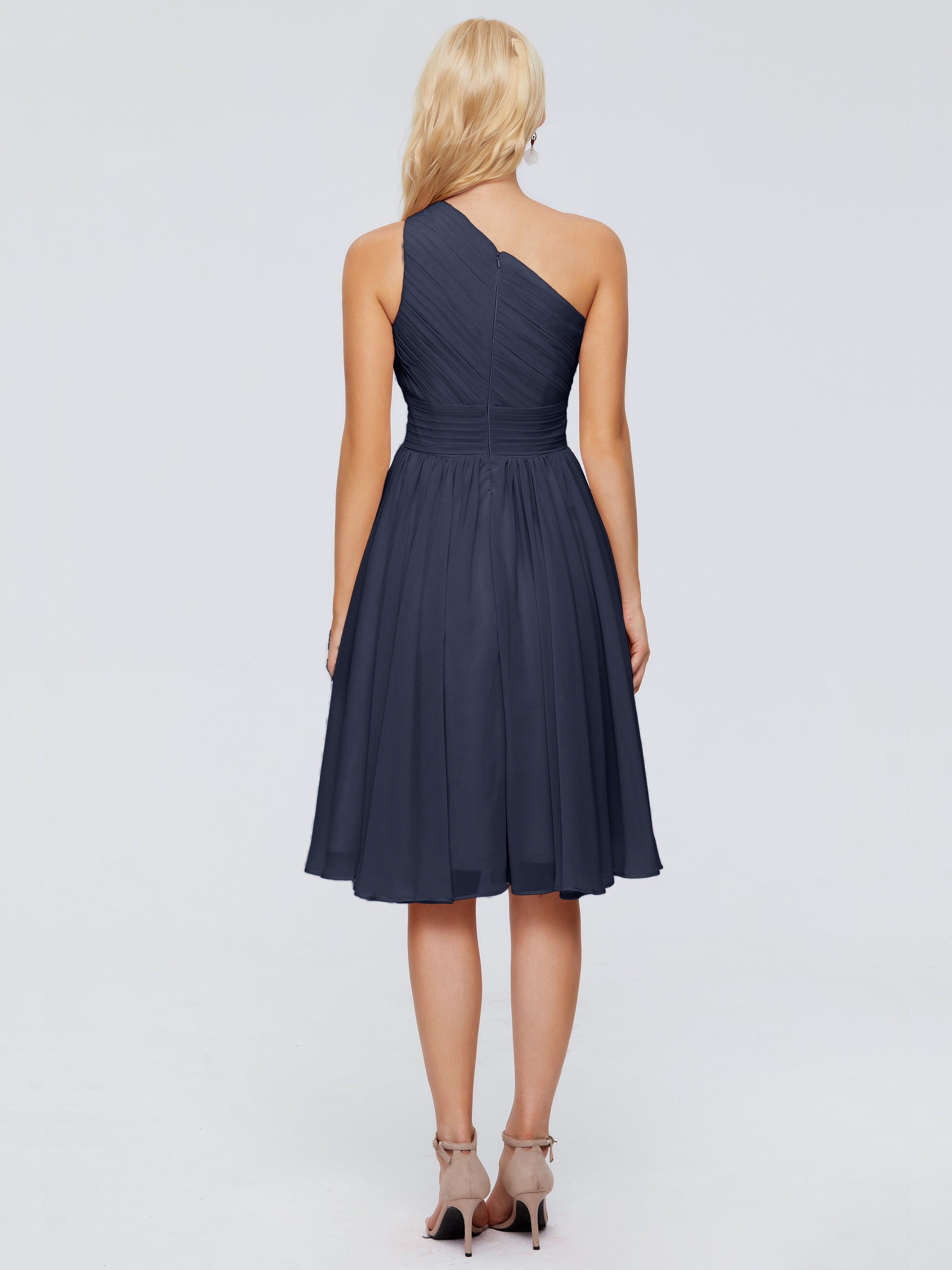 Robes De Demoiselle D'Honneur Bleu Marine Courtes Seule-Épaule Mousseline Robes Demoiselle D'Honneur