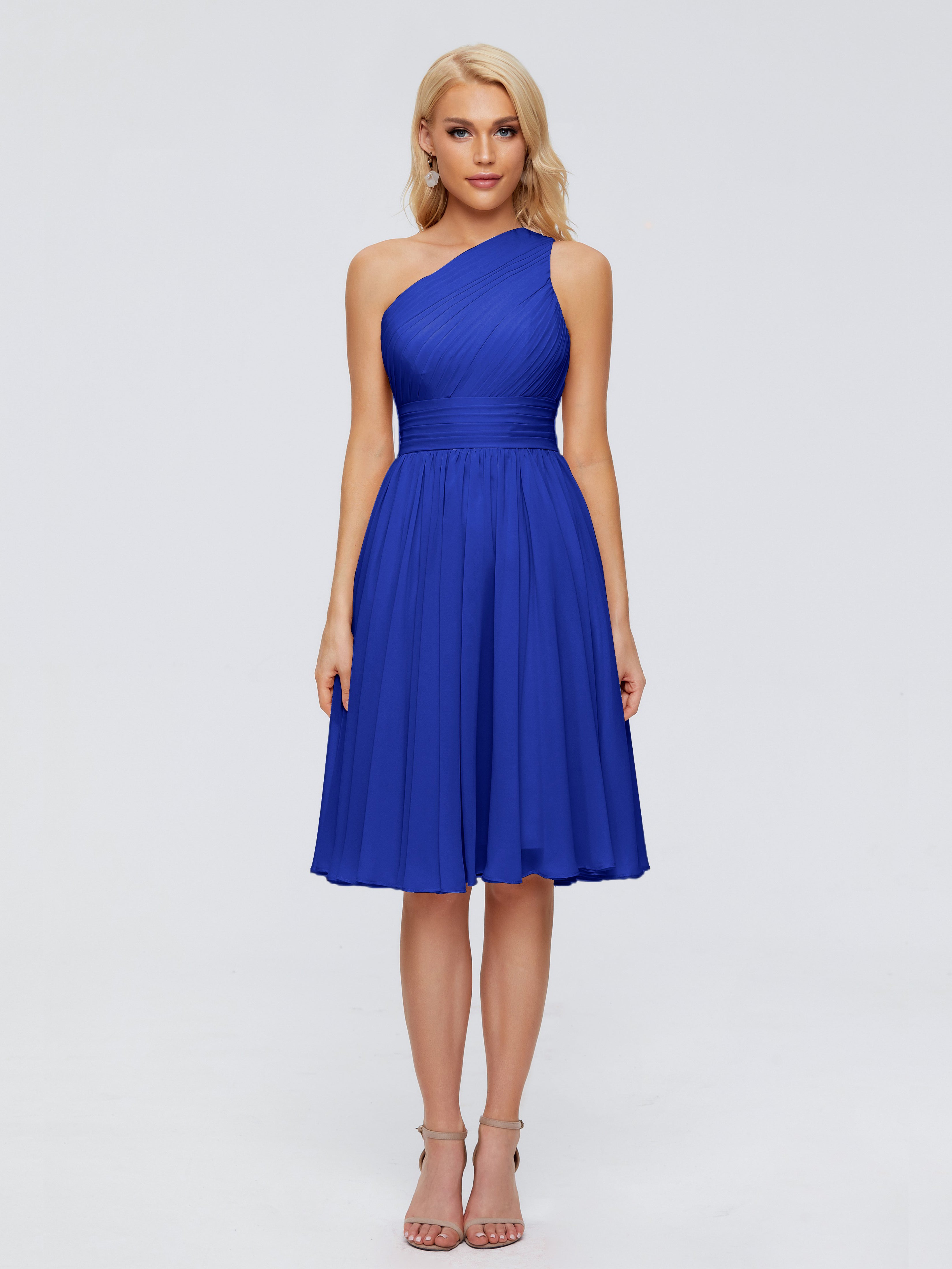 Court Robe Bleu Roi Demoiselle D Honneur Seule-Épaule Mousseline Robes Demoiselle D'Honneur