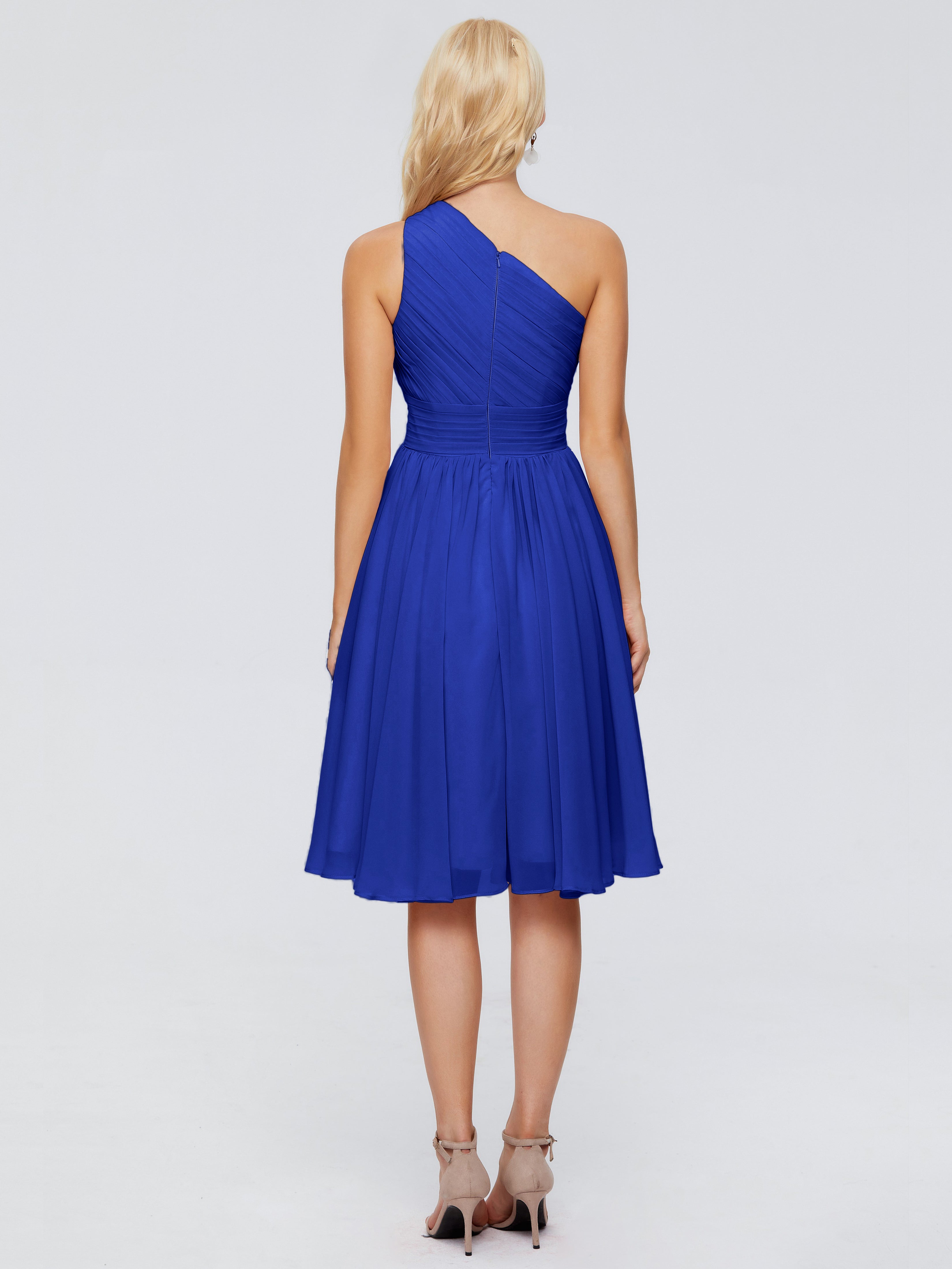 Court Robe Bleu Roi Demoiselle D Honneur Seule-Épaule Mousseline Robes Demoiselle D'Honneur
