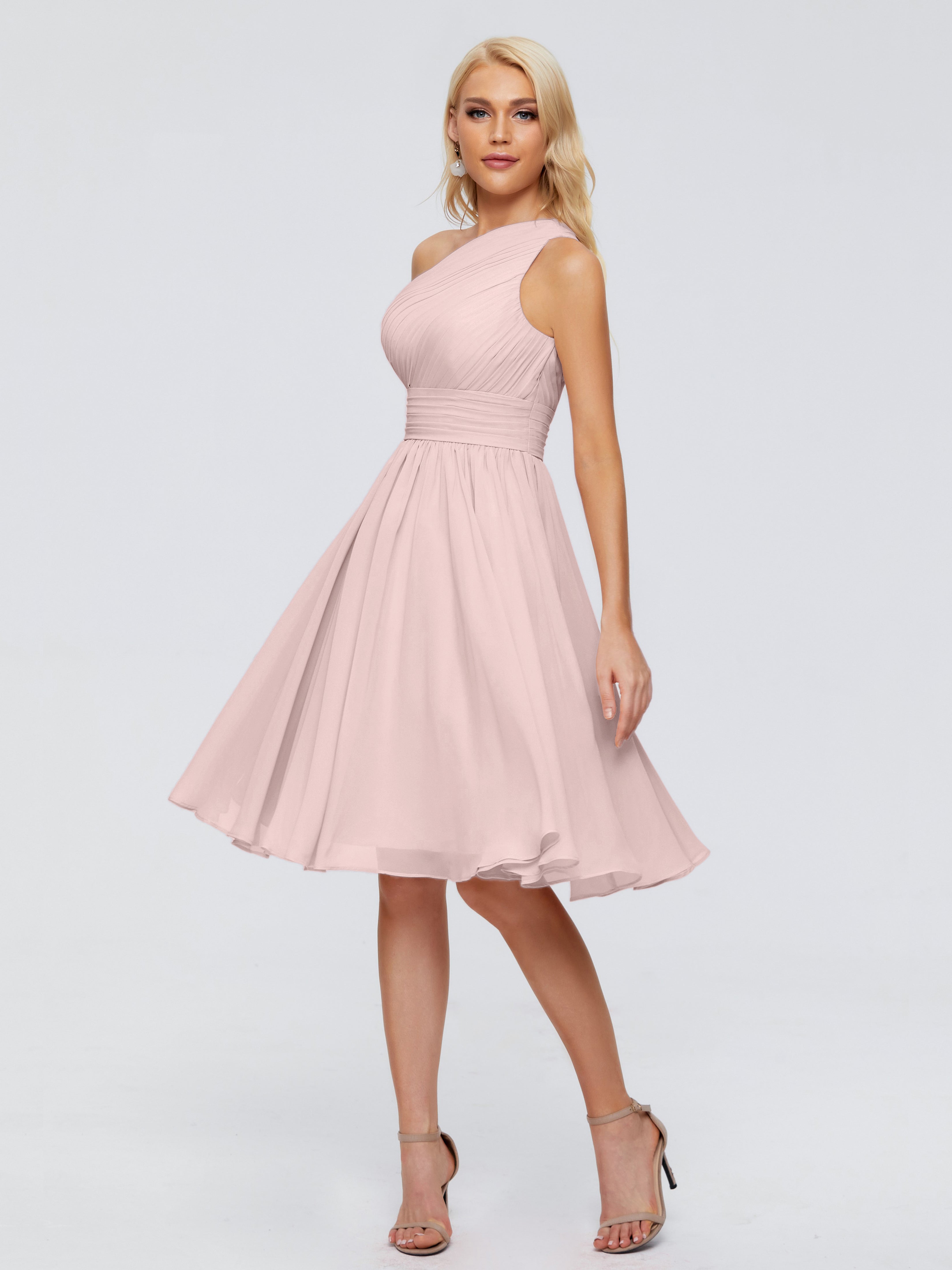 Robe Demoiselle D Honneur Rose Poudré Courte Seule-Épaule Mousseline Robes Demoiselle D'Honneur