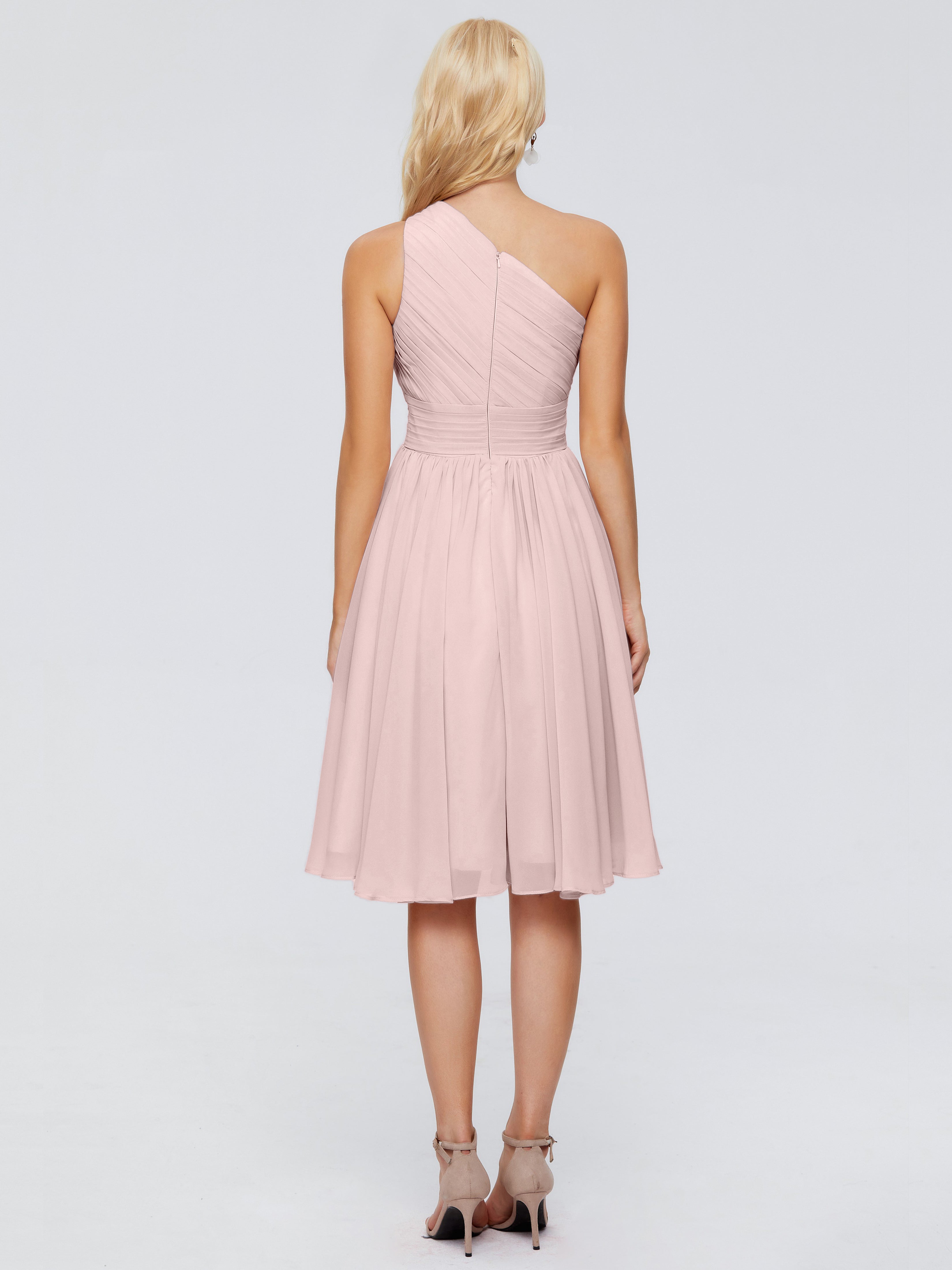 Robe Demoiselle D Honneur Rose Poudré Courte Seule-Épaule Mousseline Robes Demoiselle D'Honneur