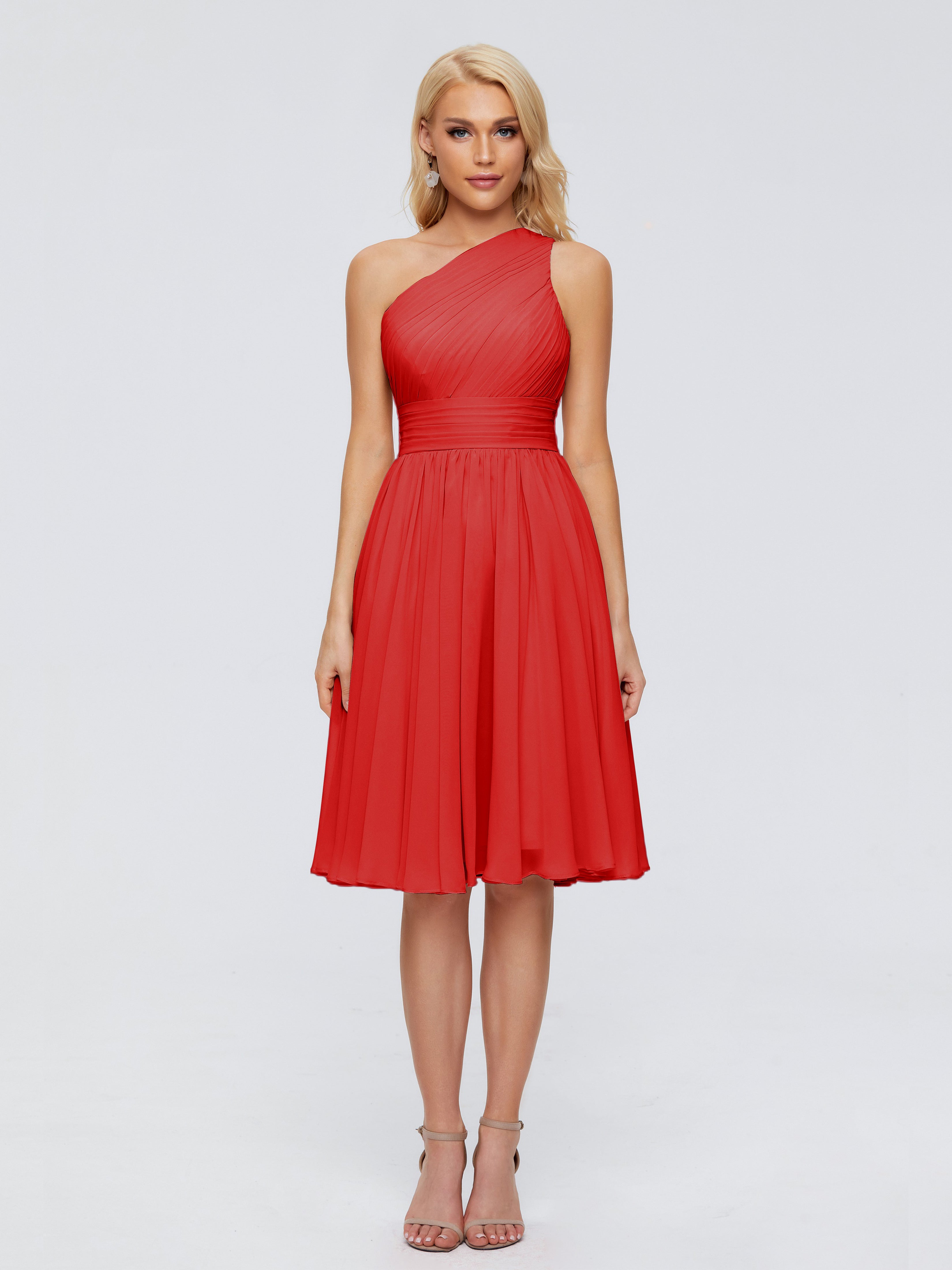 Robes De Demoiselle D'Honneur Rouges Courtes Seule-Épaule Mousseline Robes Demoiselle D'Honneur
